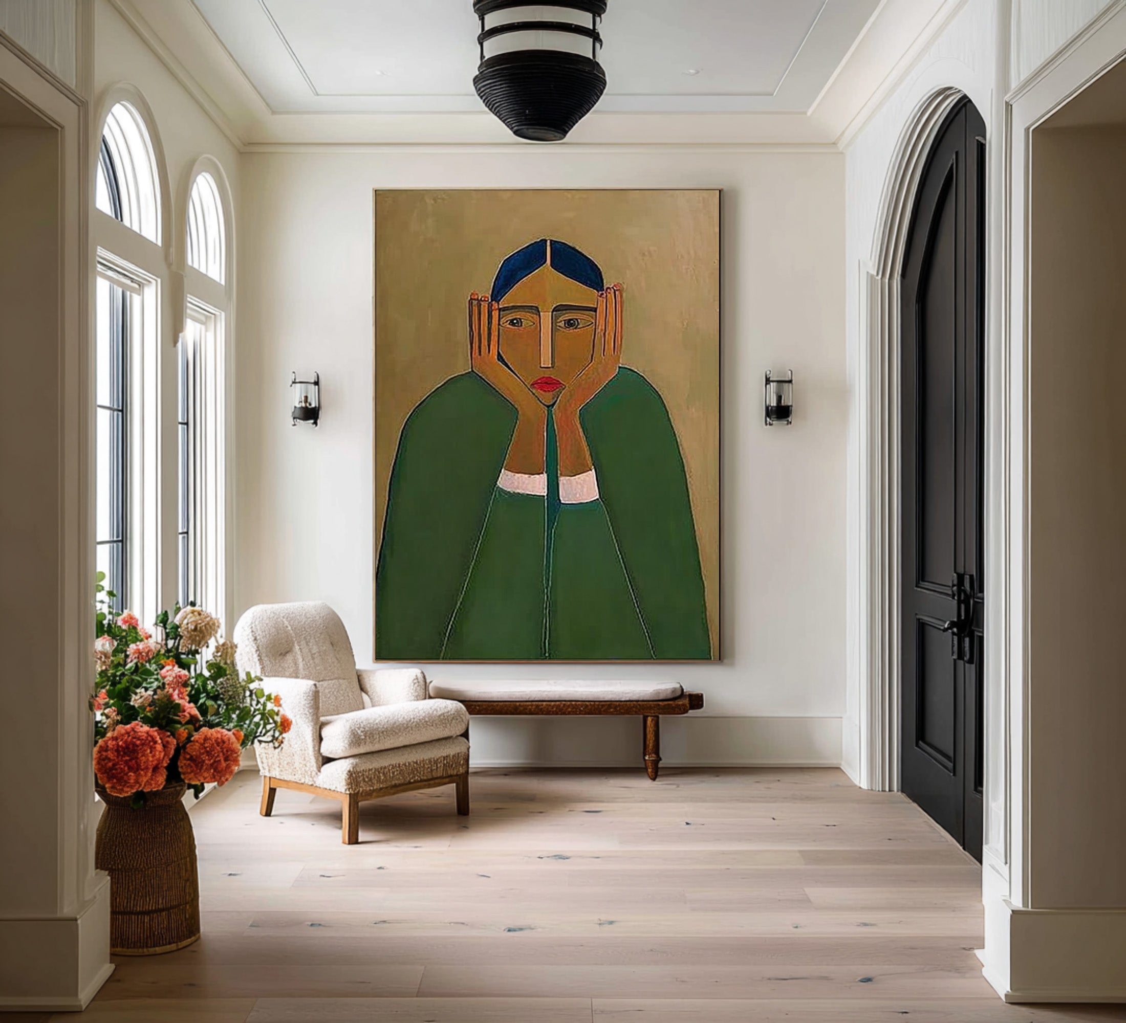 Large Abstract Portrait Oil Painting on Canvas – Statement Green Figurative Wall Art #WAB 032