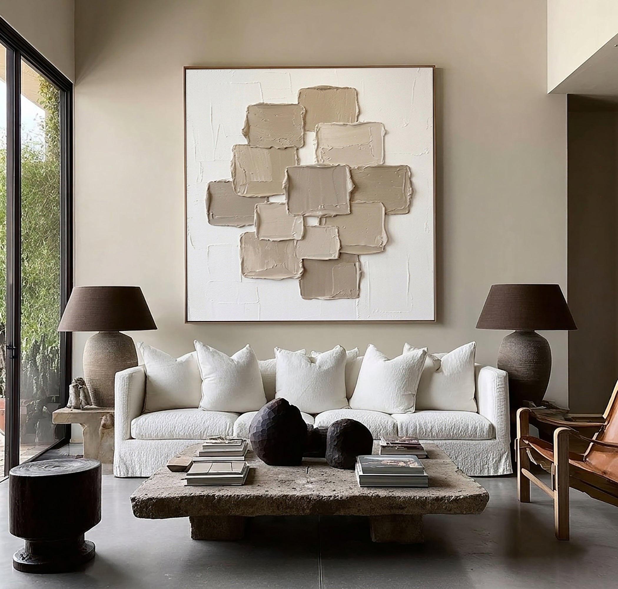 Large Layered Panel Wall Art Contemporary Neutral Textured Canvas Painting