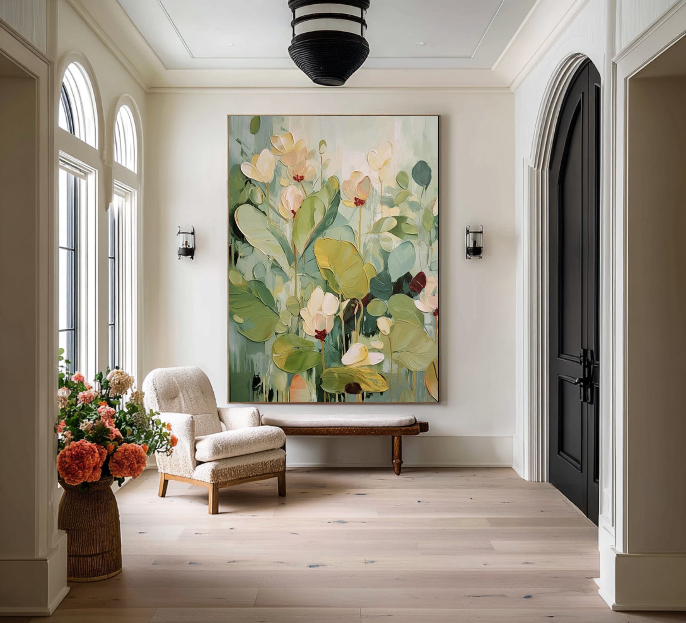 Large Botanical Floral Painting Modern Green Wall Art