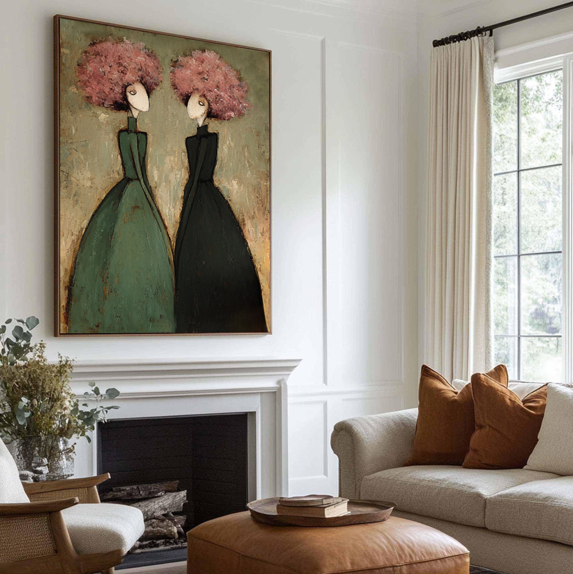 Large Contemporary Portrait Oil Painting – Modern Green and Pink Canvas Wall Art #WAB 035