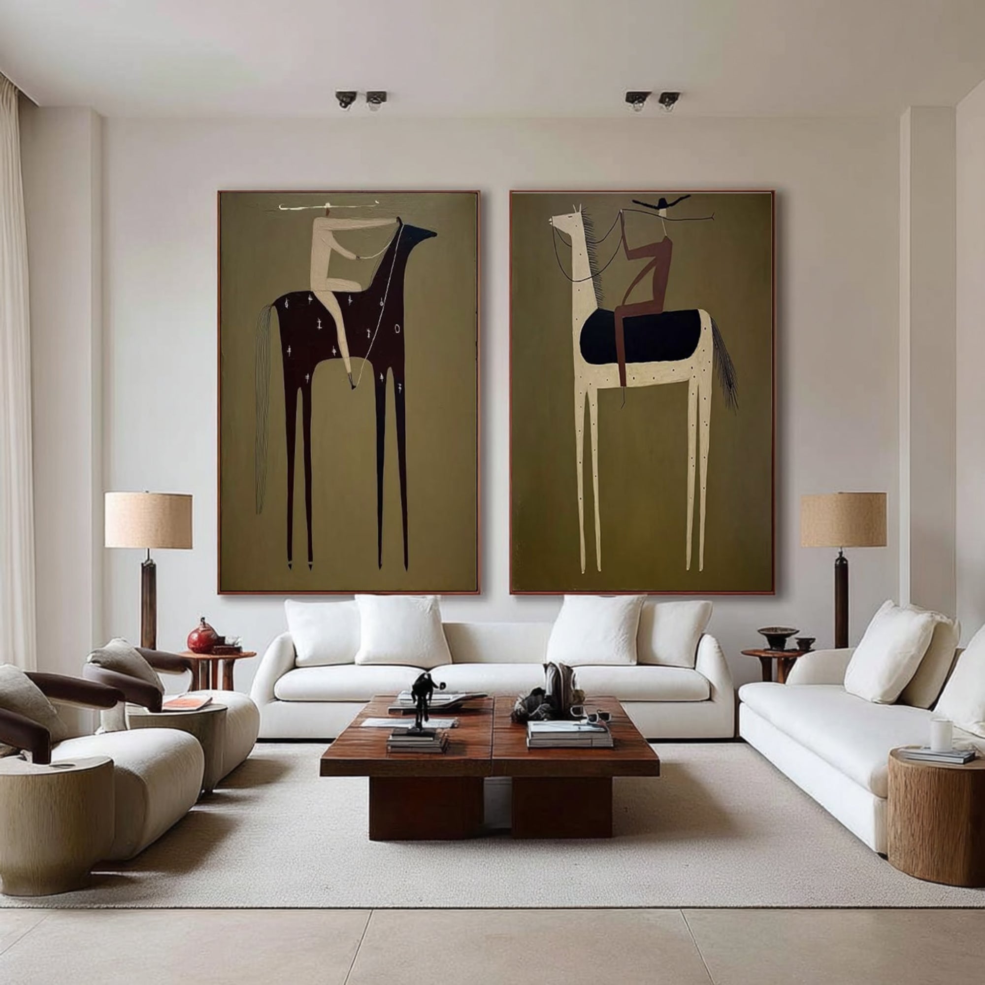 Large Contemporary Equestrian Wall Art Neutral Horse Painting Set