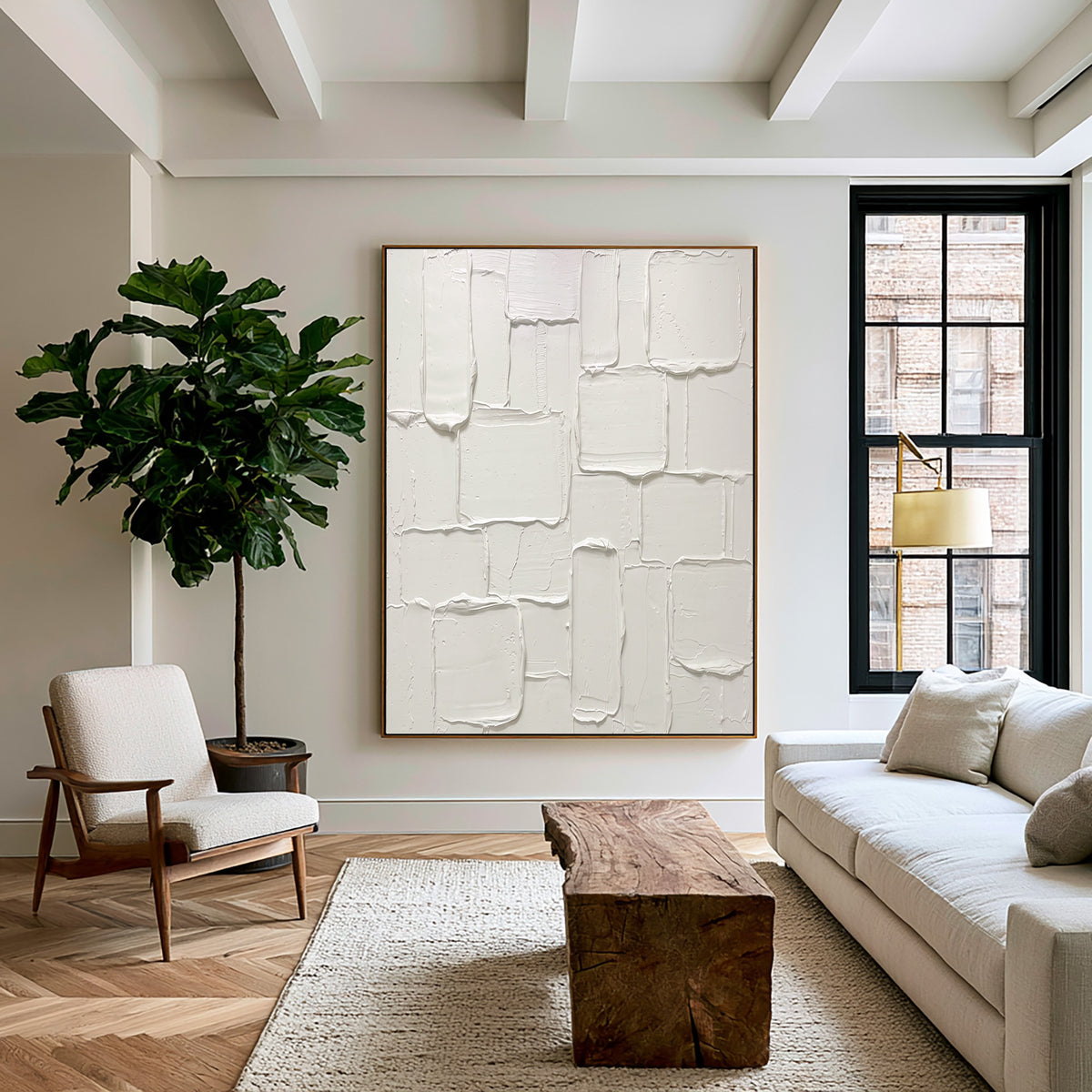 Minimalist White Sculptural Textured Canvas Artwork Handmade Abstract Painting Neutral Modern Interior Decor