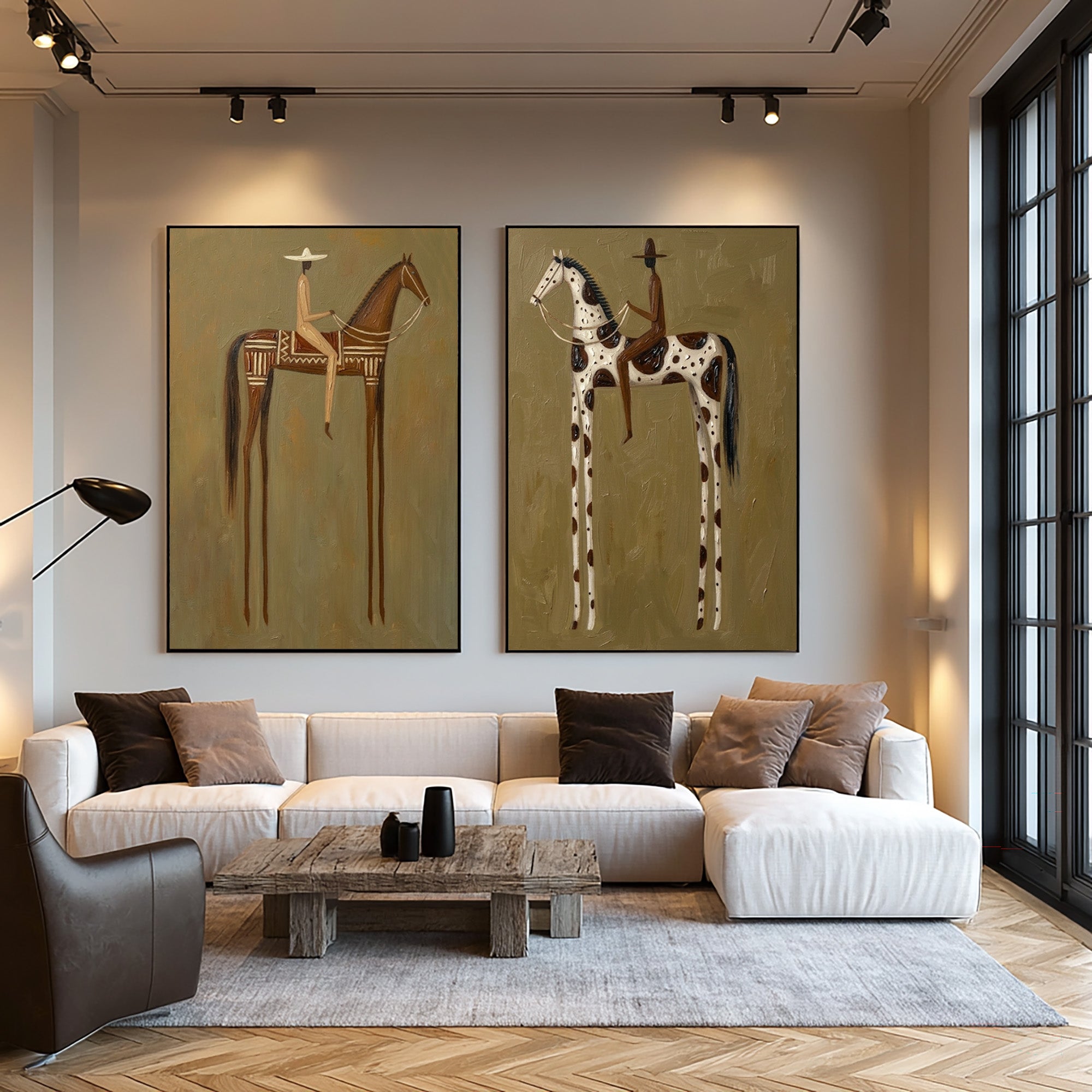 Large Cowboy Cowgirl Wall Art Western Ranch Horse Oil Painting Diptych