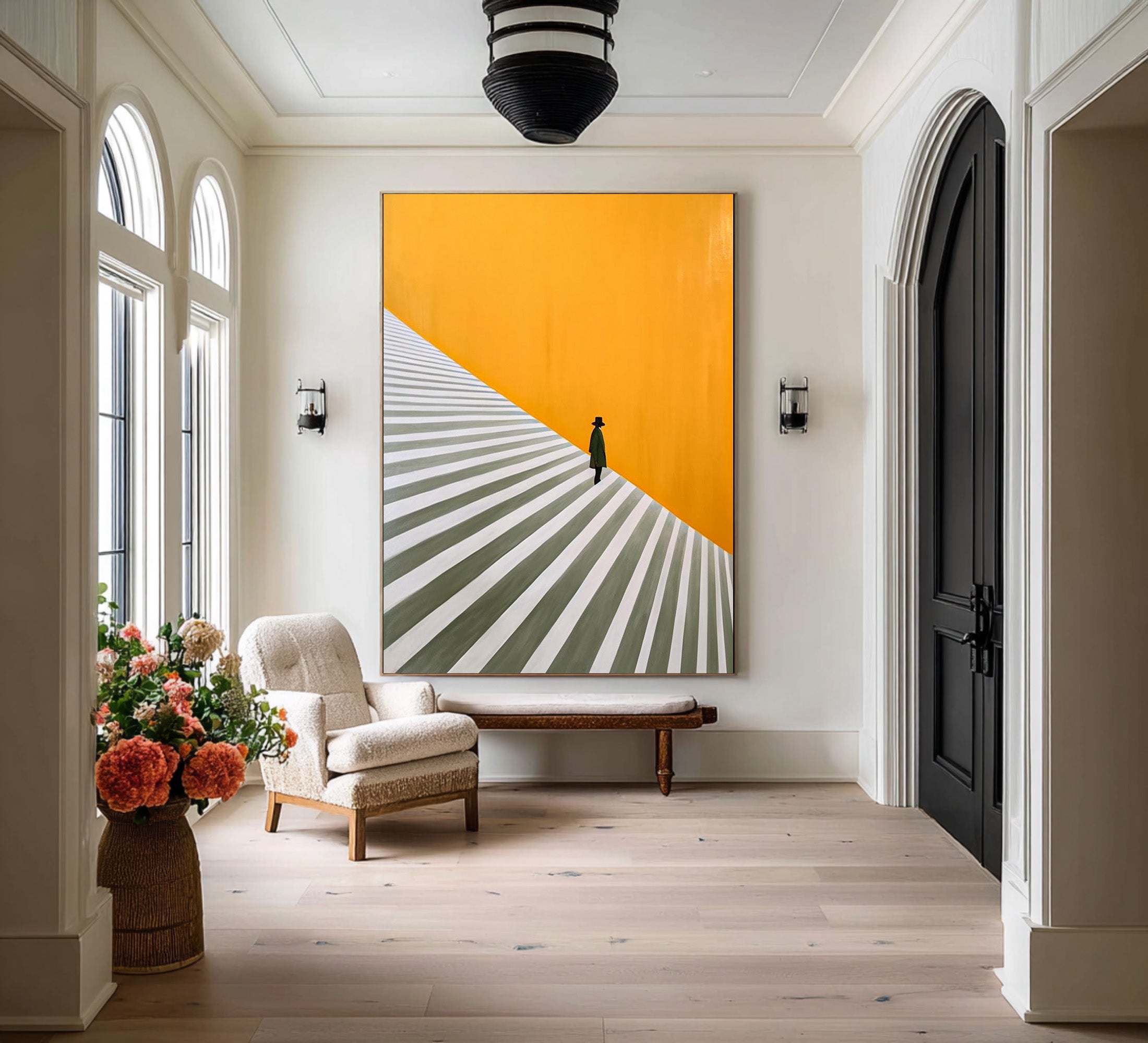 Large Abstract Oil Painting Figure Staircase, Modern Minimal Wall Art for Hallway | ArtvistaGallery #WAB 013