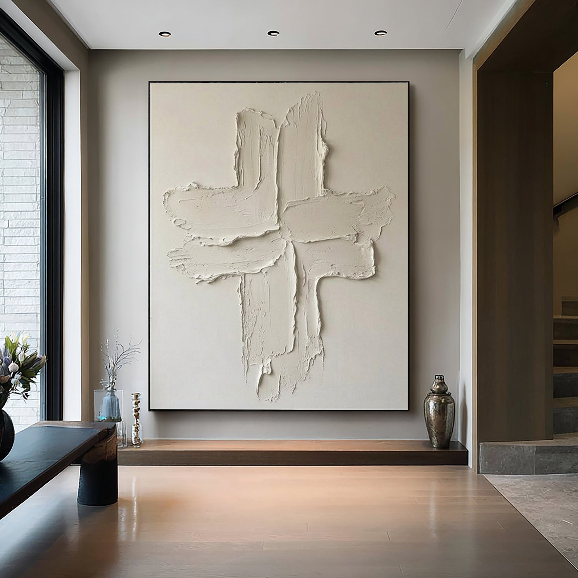 Large Minimalist Cross Texture Oil Painting for Modern Neutral Interiors