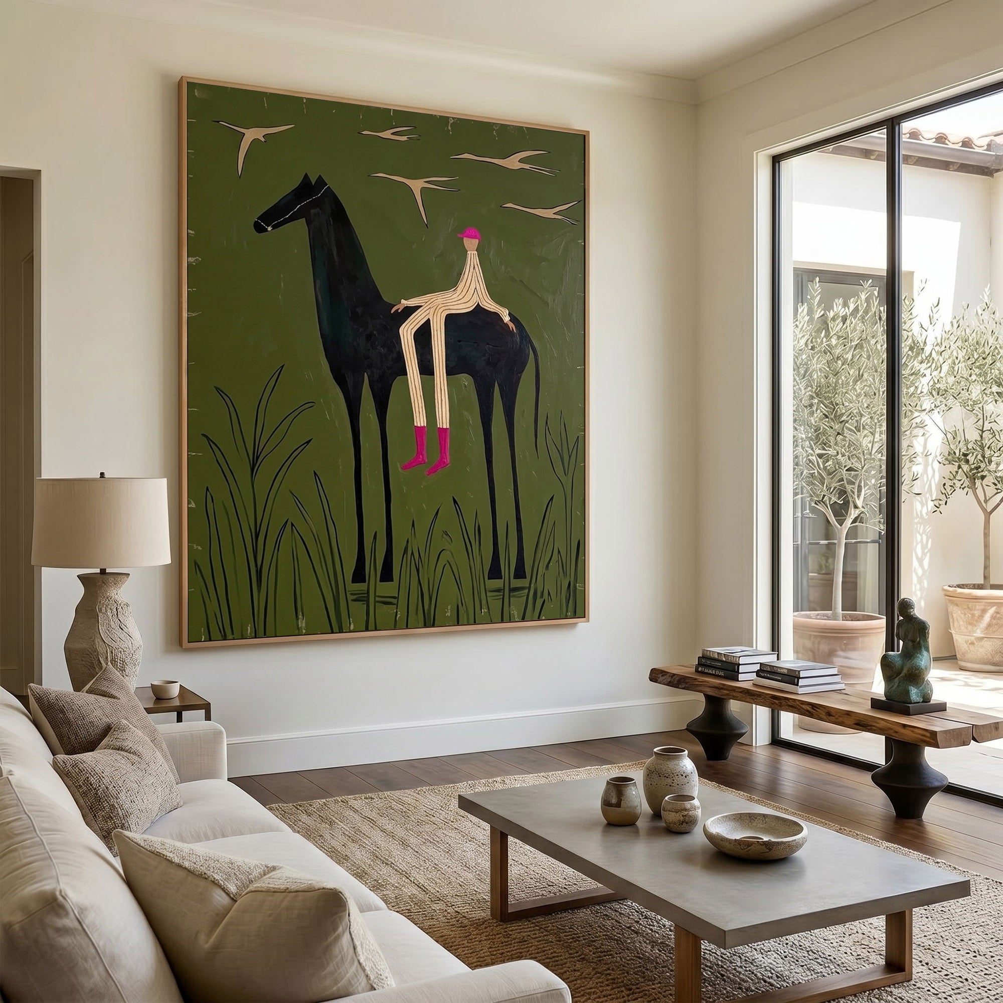 Large Cowboy Horse Wall Art Contemporary Western Green Painting