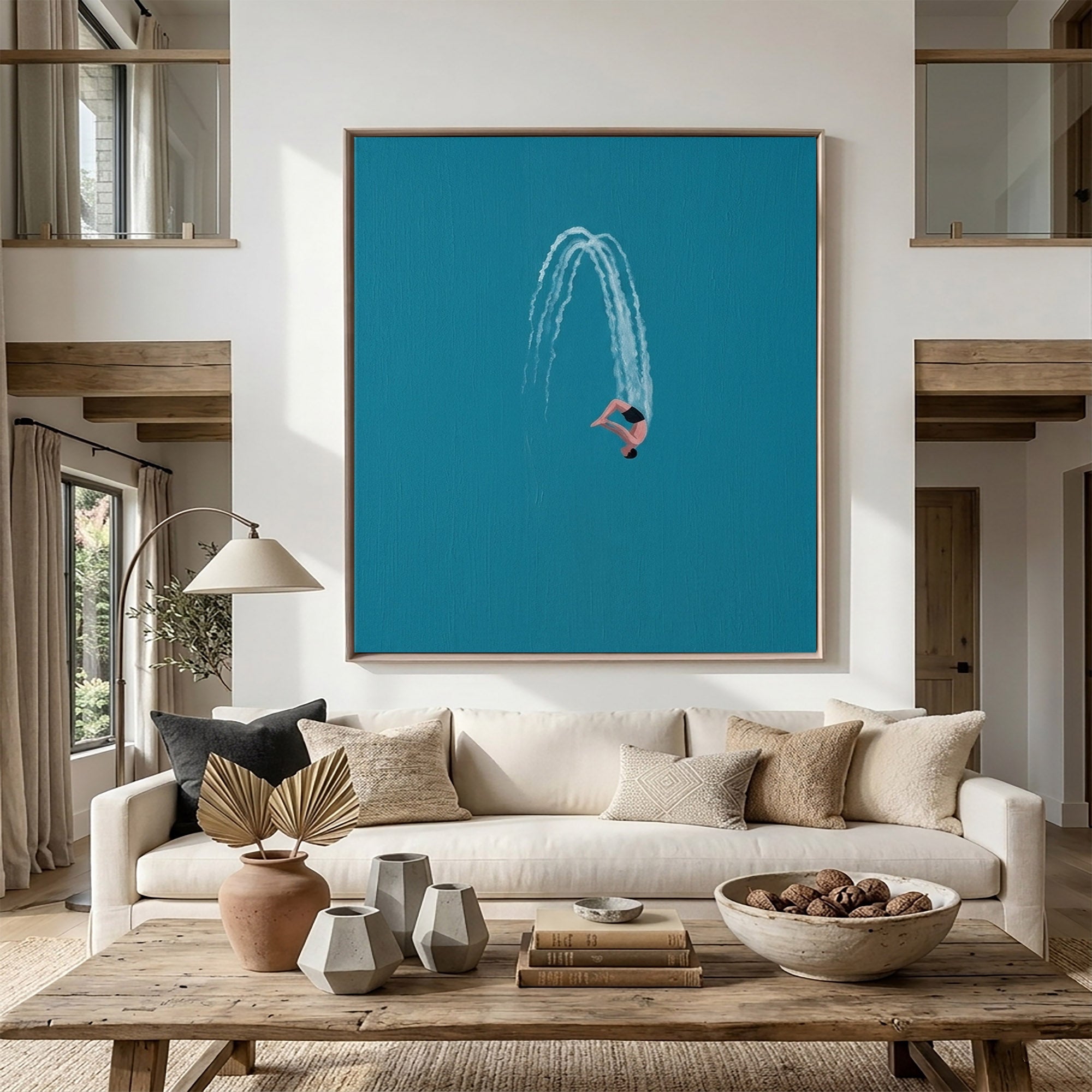Large Minimalist Diver Wall Art Contemporary Ocean Blue Painting