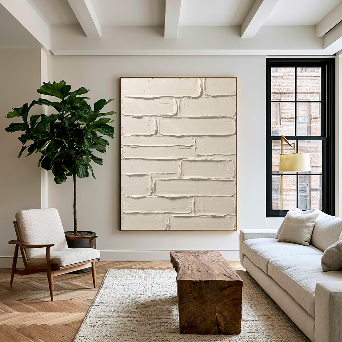 Weathered Lines Warm Neutral Handmade Artwork Textured Abstract Painting Cream White Contemporary Wall Decor