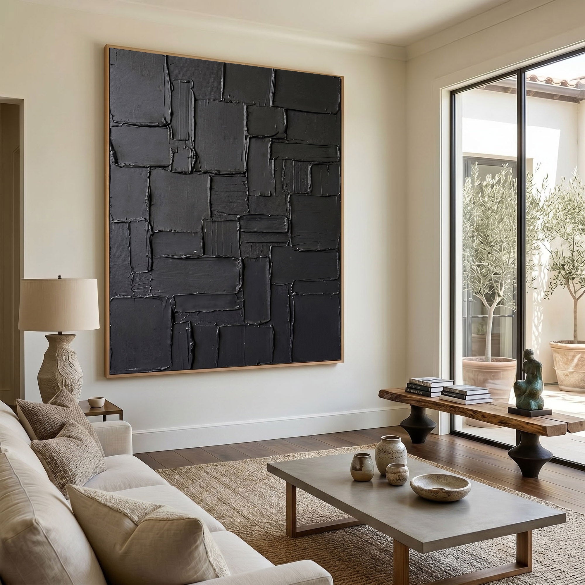 Large Black Textured Wall Art Abstract Oil Painting Modern Impasto Minimalist Contemporary Luxury Decor