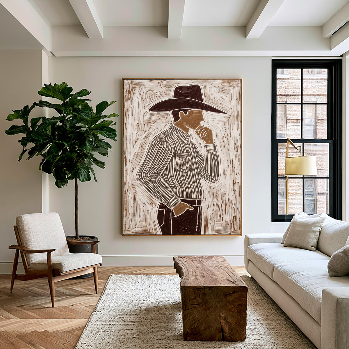 The Man Beneath the Brim Western Cowboy Painting Contemporary Figurative Hand Painted Wall Art