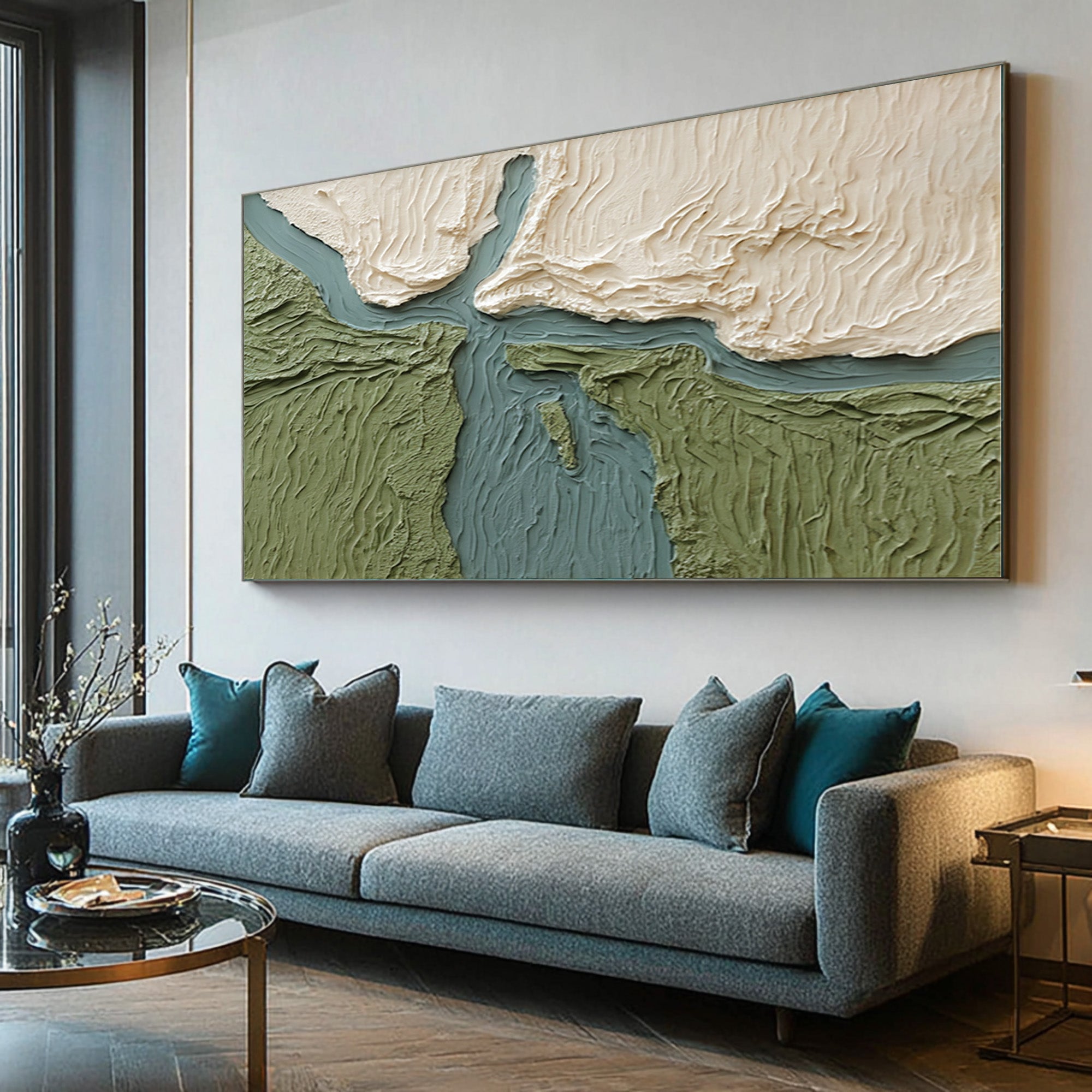Large Contemporary Abstract Oil Painting, Green Textured Landscape Art for Interior | ArtvistaGallery #WAB 026