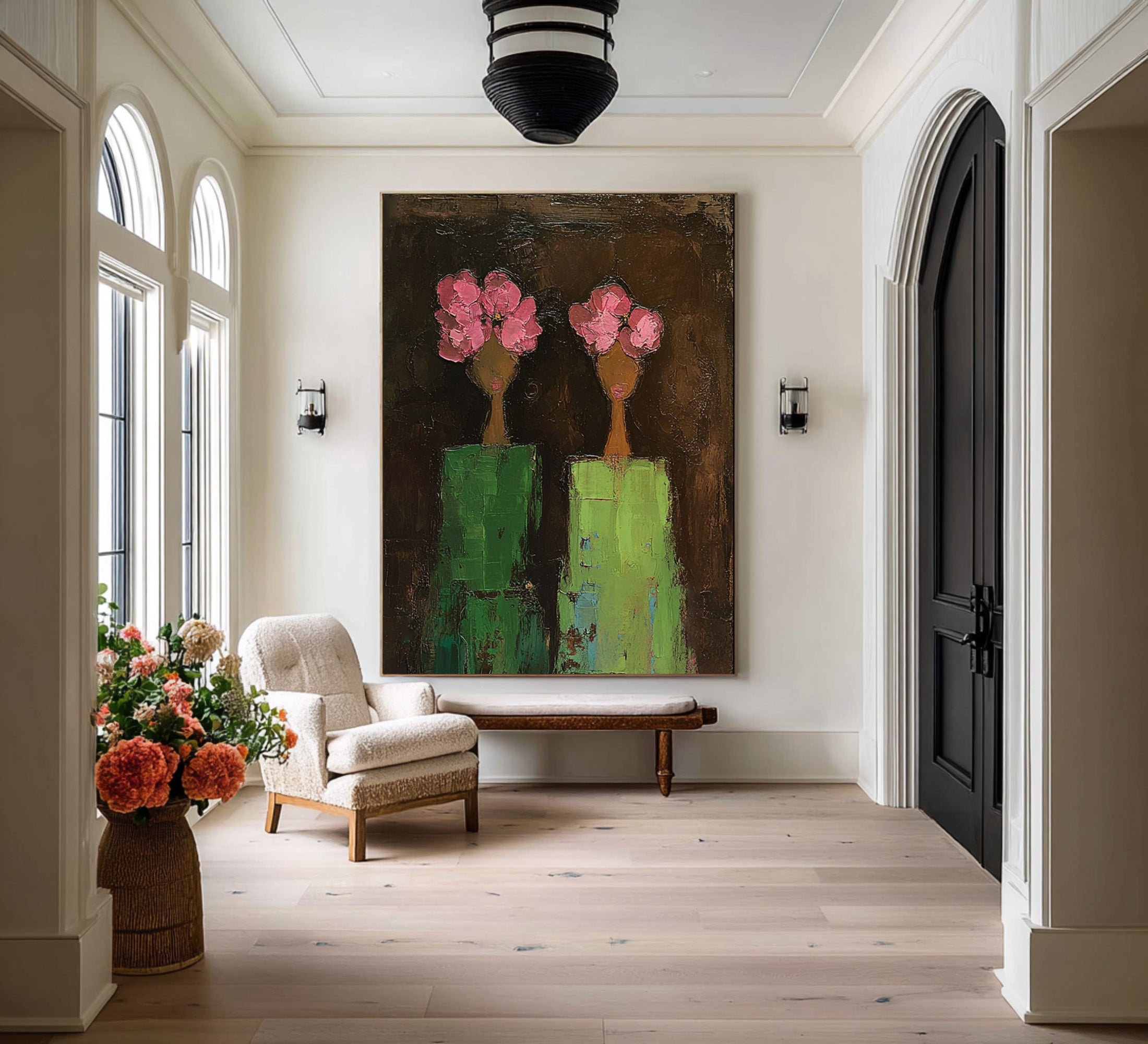 Large Modern Figurative Oil Painting on Canvas – Elegant Pink Floral Portrait Wall Art #WAB 039