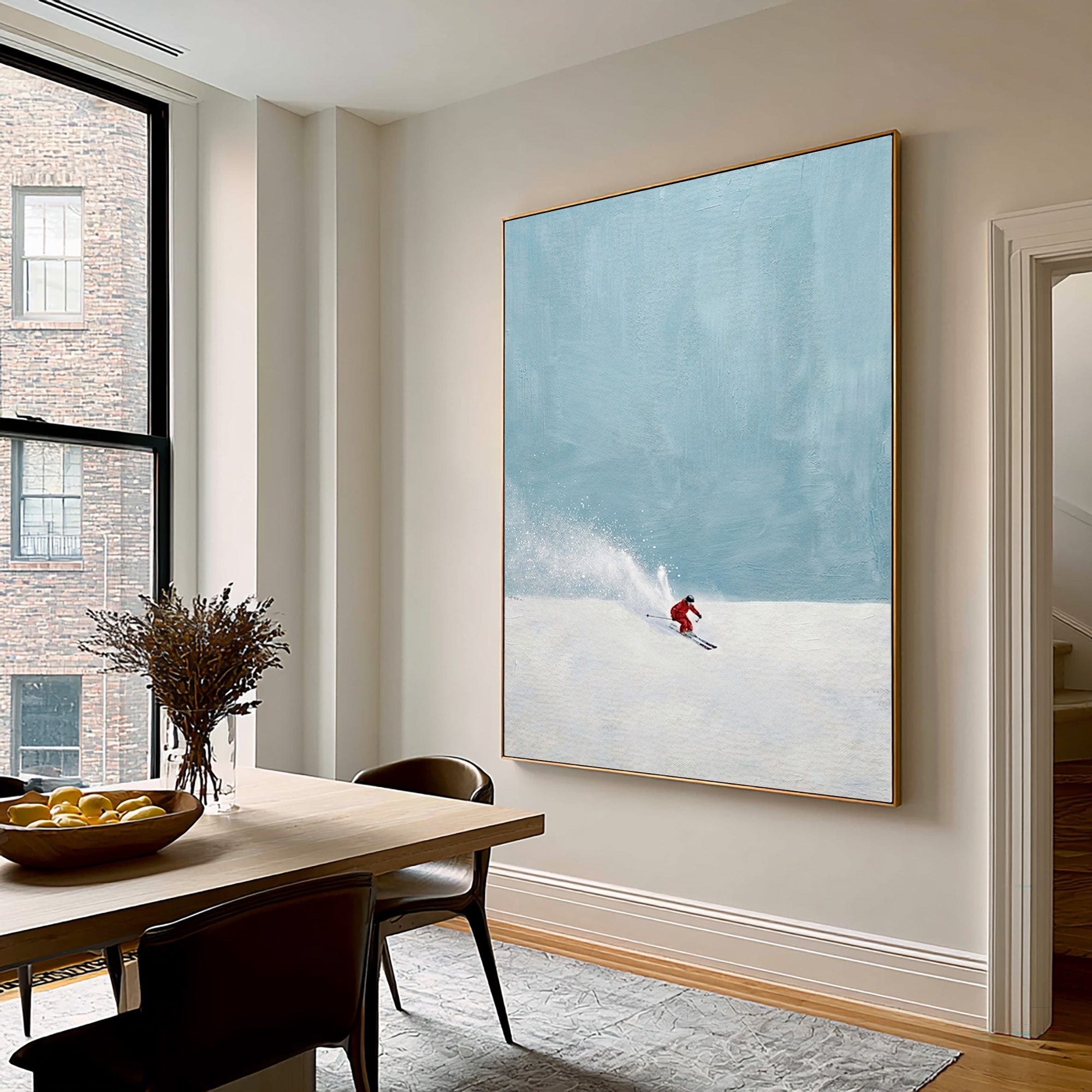 Large Minimalist Ski Wall Art Contemporary Winter Landscape Oil Painting