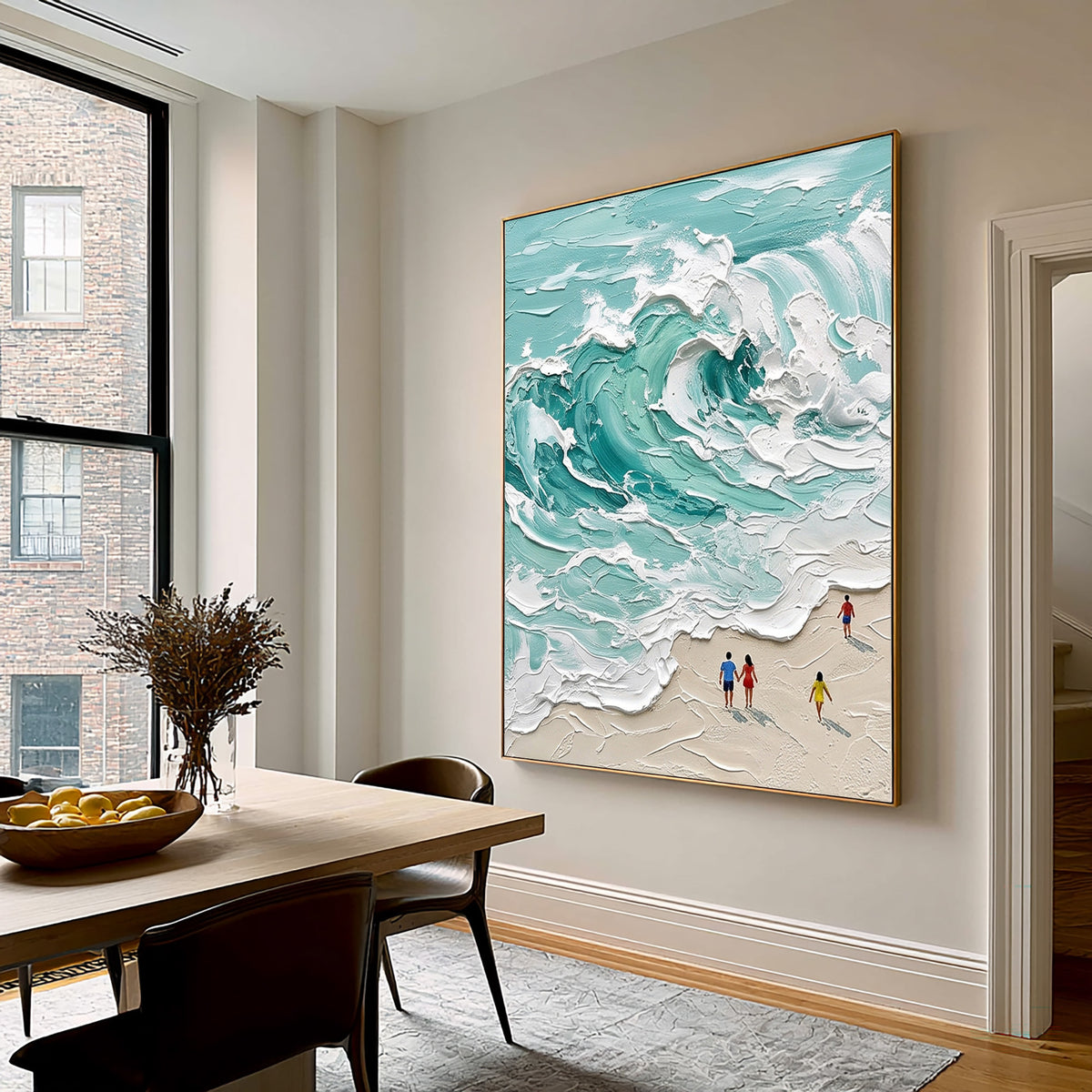Large Minimal Turquoise Ocean Wave Wall Art Textured Oil Painting Coastal Seascape Beach House Artwork Modern Home Decor