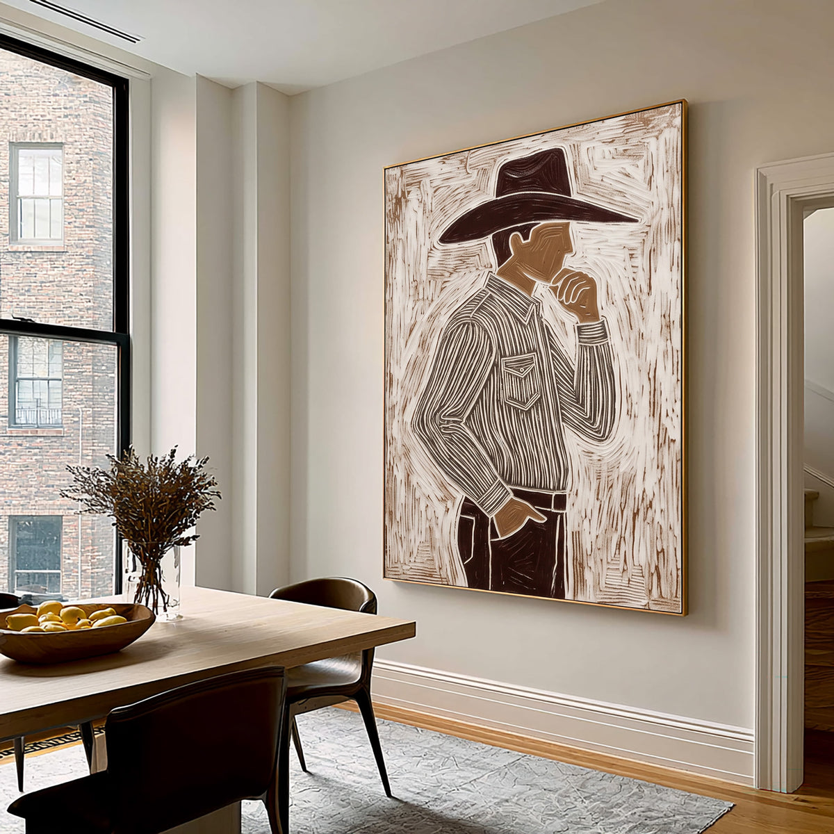The Man Beneath the Brim Western Cowboy Painting Contemporary Figurative Hand Painted Wall Art