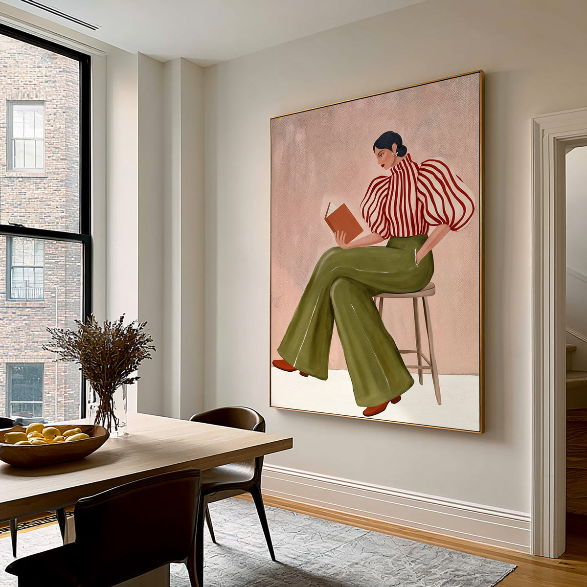Fashion Woman Reading Book Striped Blouse Olive Green Pants Painting