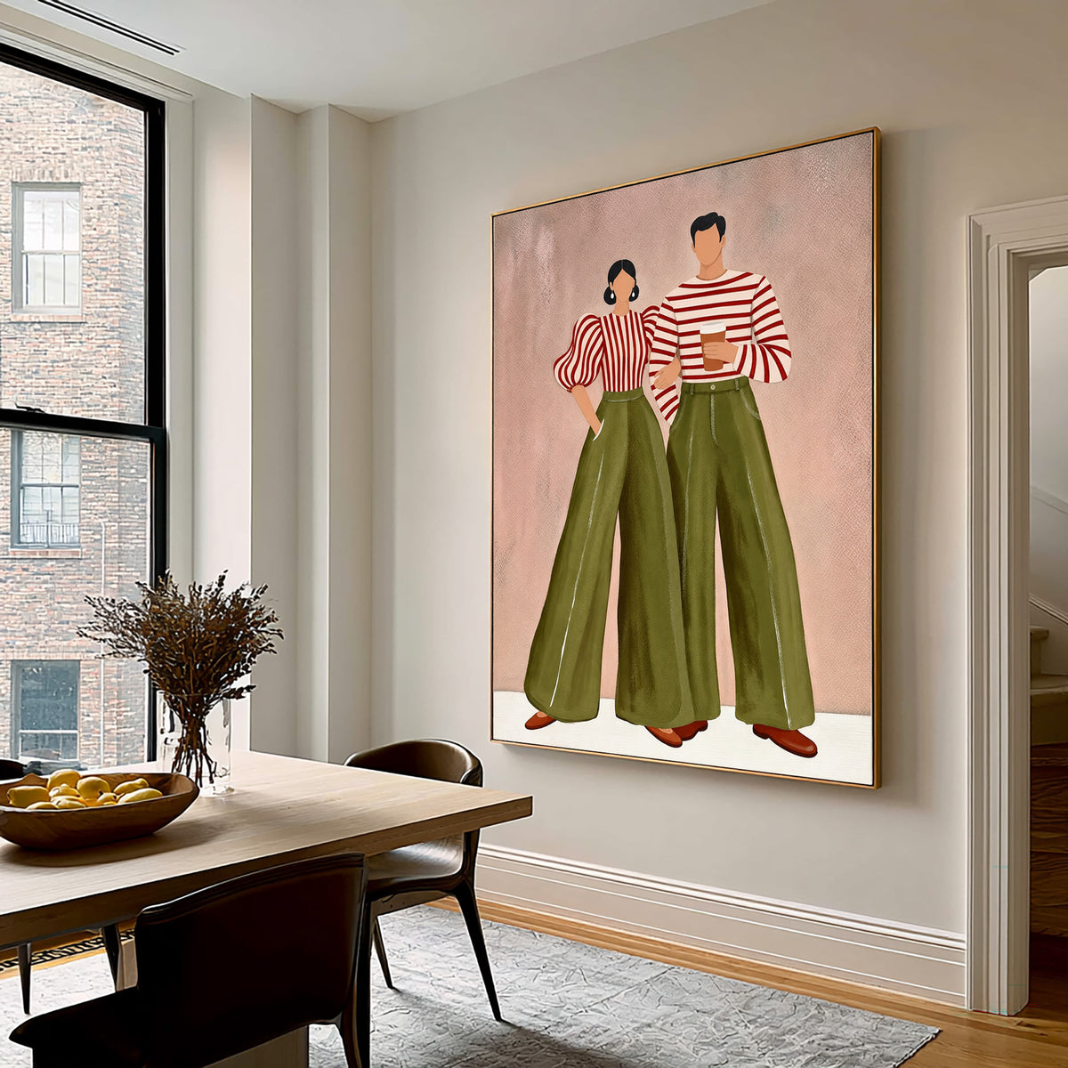 Contemporary Fashion Couple Painting Green Pants Striped Tops Wall Art