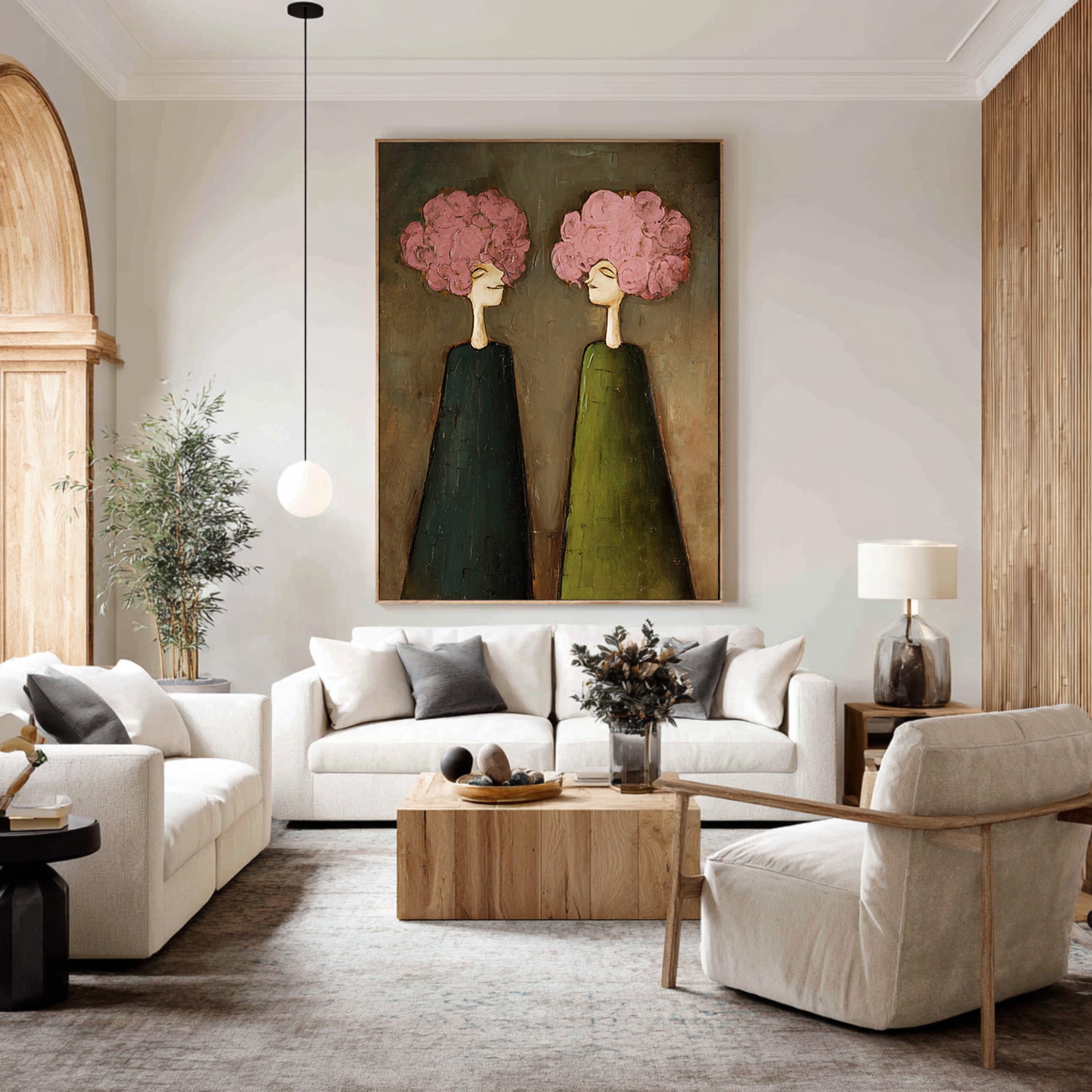Large Pink Floral Portrait Oil Painting – Modern Green Dress Canvas Wall Decor #WAB 041