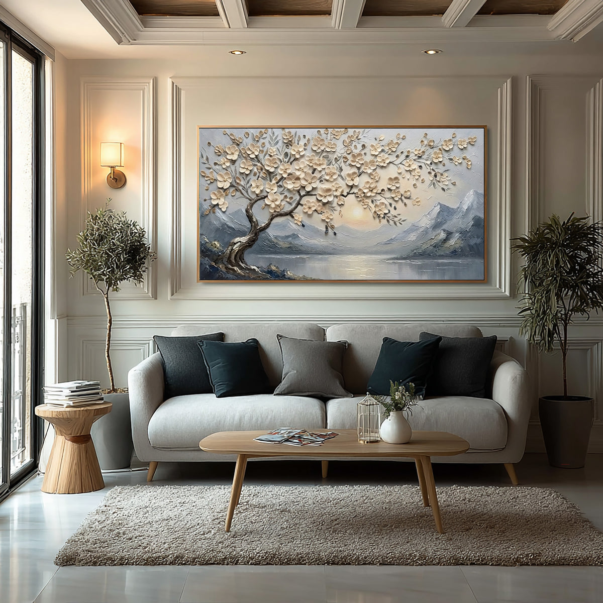 Large Textured Blossom Tree Painting Mountain Lake Floral Wall Art