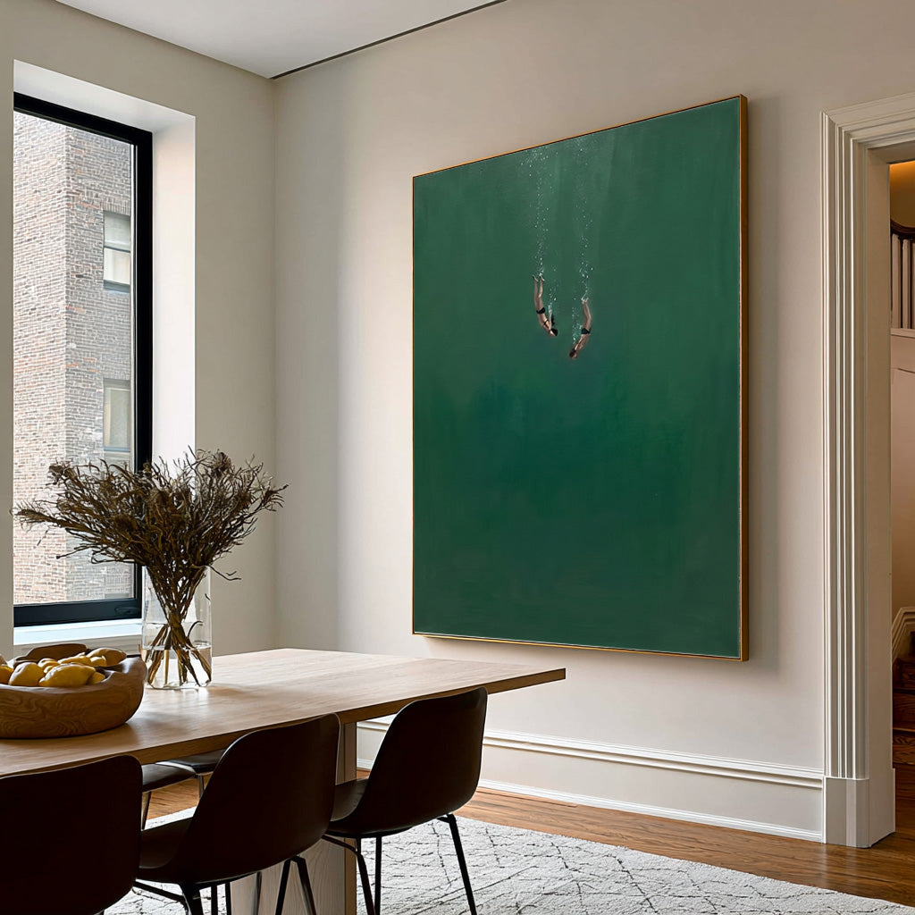 Large Minimalist Underwater Swimmer Wall Art Contemporary Ocean Oil Painting