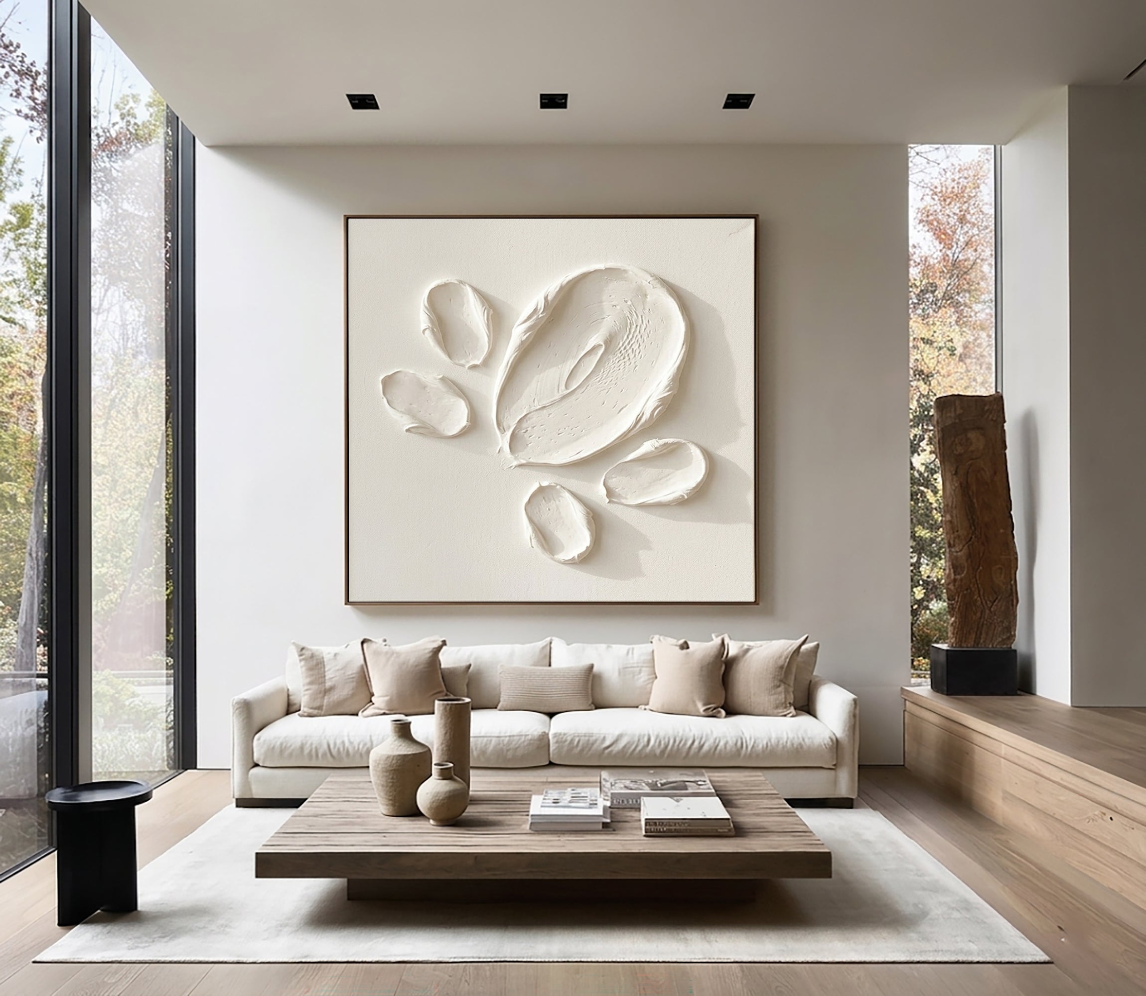 Large Minimalist White Oil Painting with Abstract Textured Petal Wall Art