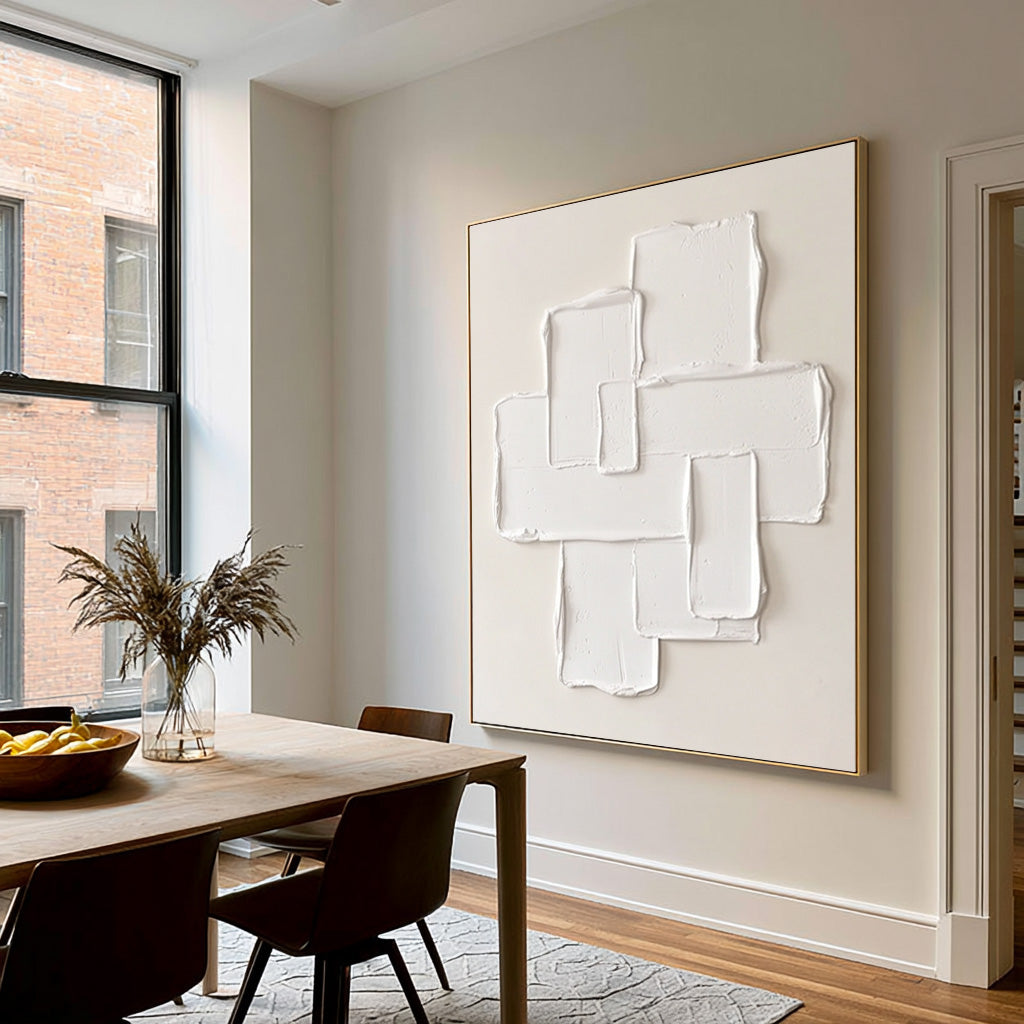 Large Cream Modernist Composition Textured Wall Art Ivory Neutral Abstract Oil Painting Raised Geometric Shapes Sculptural Impasto Minimalist Contemporary Luxury Decor
