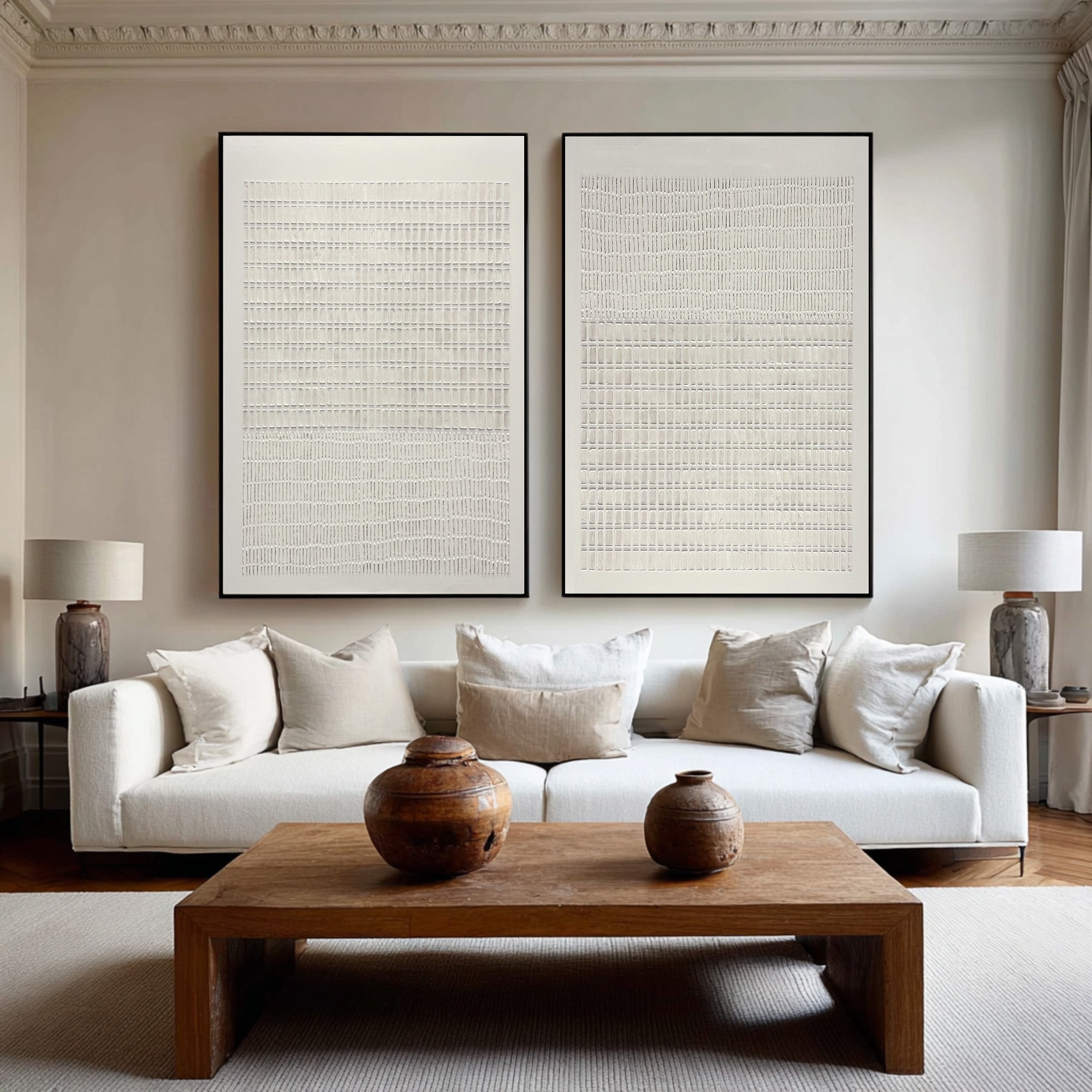 Large Abstract Oil Painting Beige Textured Grid Art Set, Minimal Wall Art for Living Room | ArtvistaGallery #WAB 019