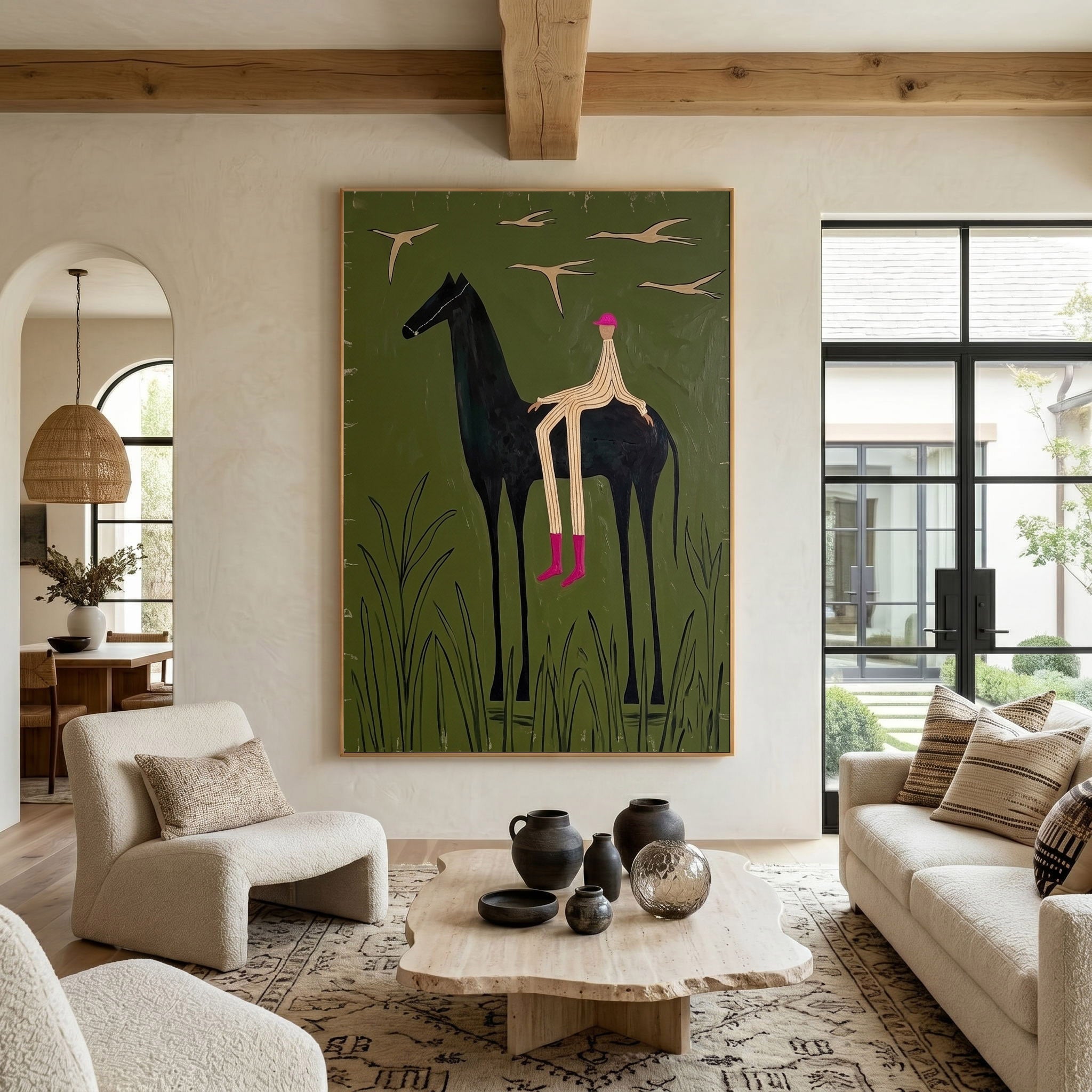 Large Cowboy Horse Wall Art Contemporary Western Green Painting
