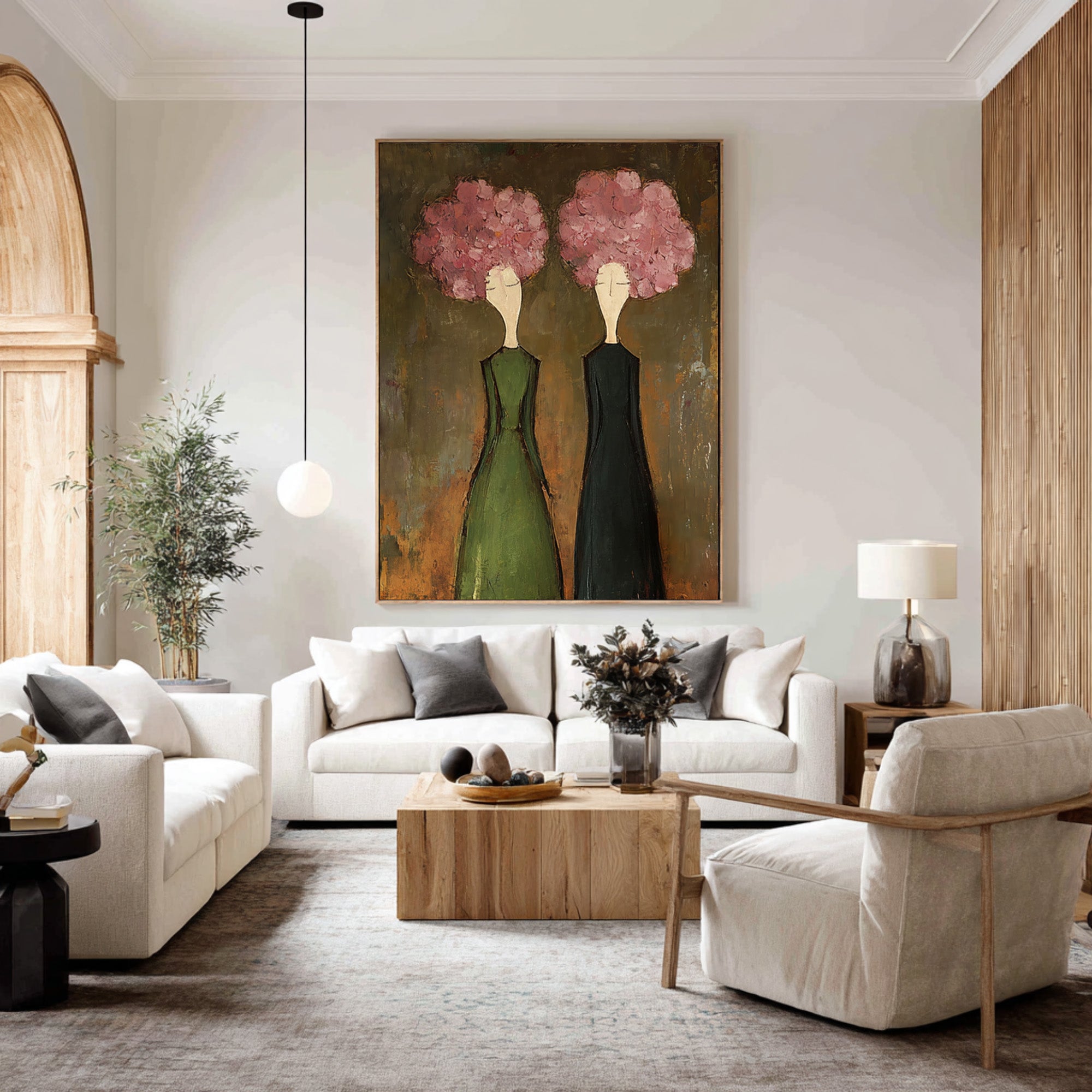 Large Modern Floral Portrait Oil Painting on Canvas – Elegant Green Dress Wall Art #WAB 042