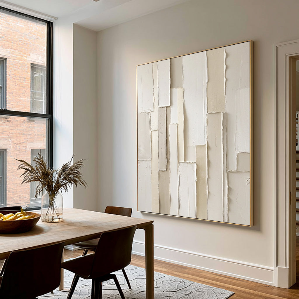 Large Modern Vertical Geometric Textured Wall Art White Beige Abstract Oil Painting 3D Raised Rectangular Relief Contemporary Home Decor