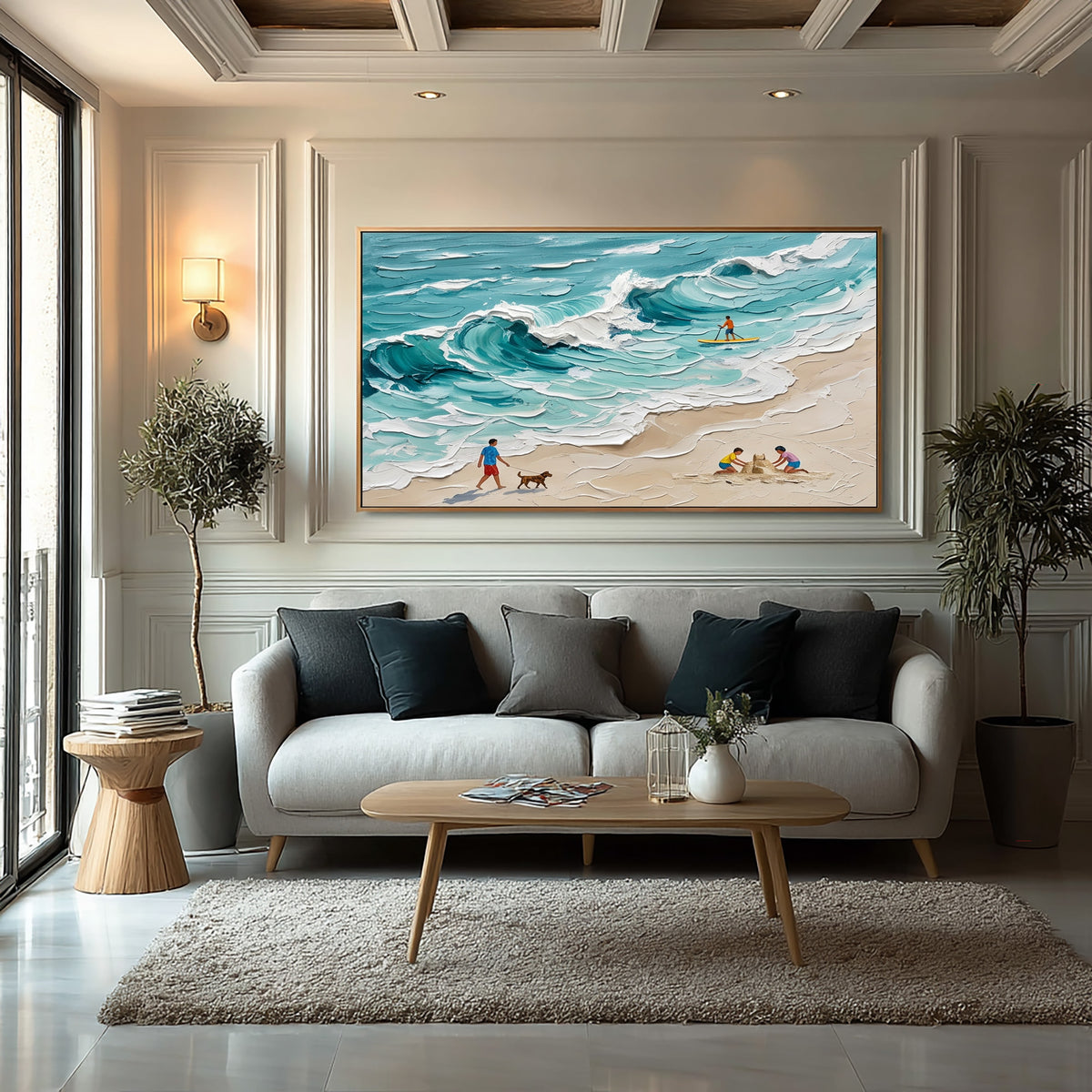 Large Textured Oil Painting Turquoise Ocean Waves Beach Family Coastal Wall Art