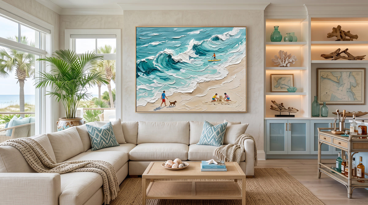 Large Textured Oil Painting Turquoise Ocean Waves Beach Family Coastal Wall Art