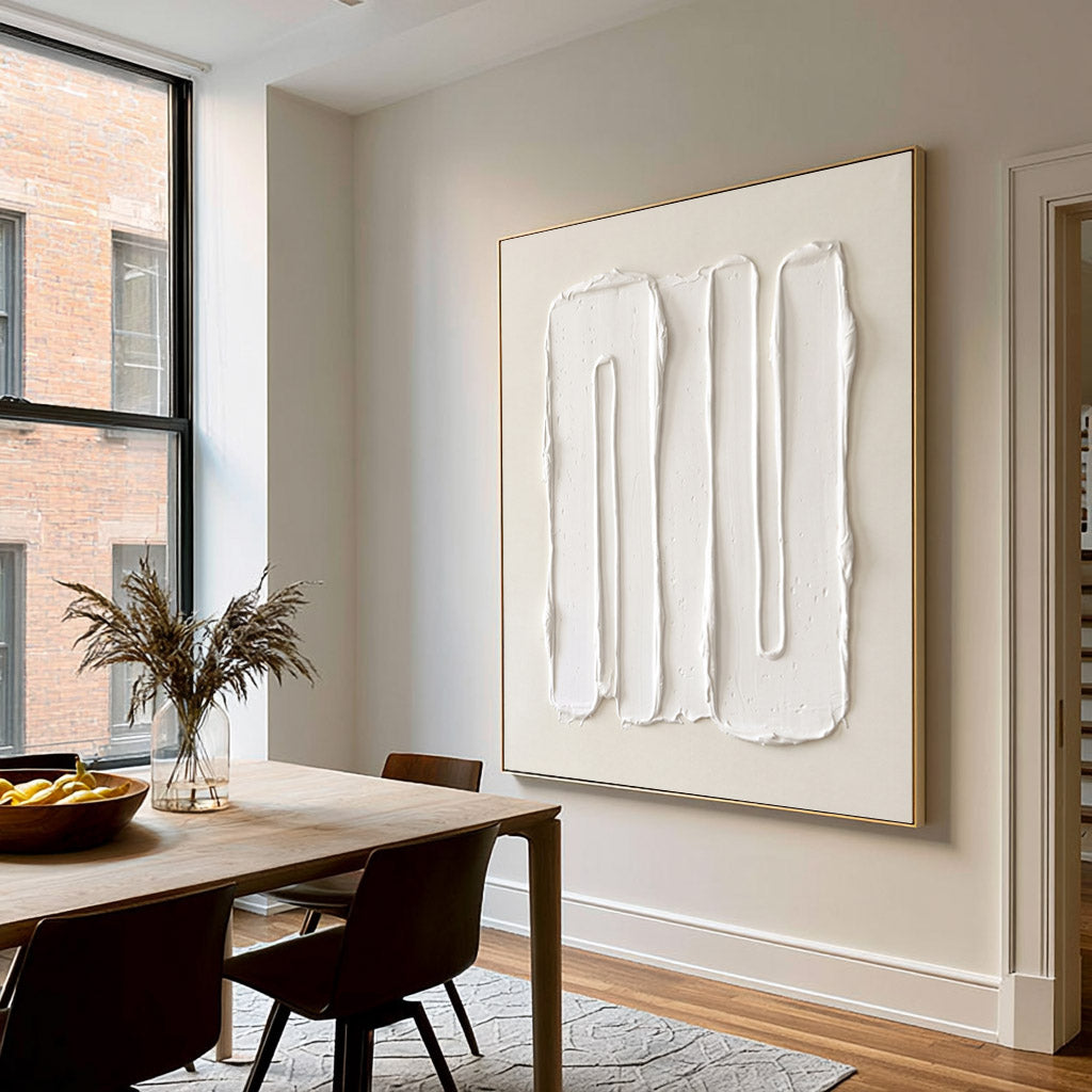 Large Minimalist Raised Vertical Lines Wall Art Ivory Cream Abstract Oil Painting Thick Impasto Texture Sculptural Relief Contemporary Modern Home Decor