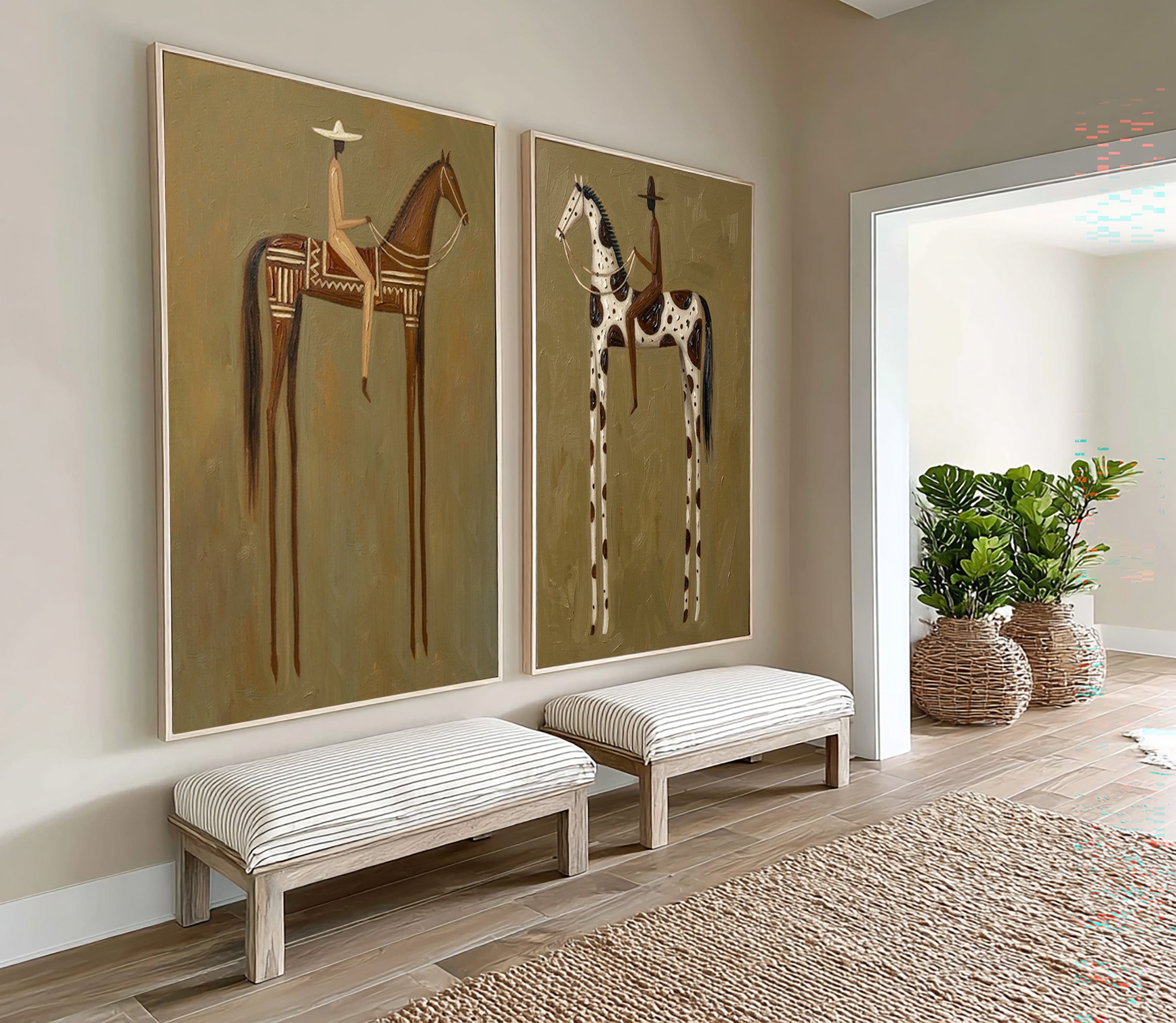 Large Cowboy Cowgirl Wall Art Western Ranch Horse Oil Painting Diptych