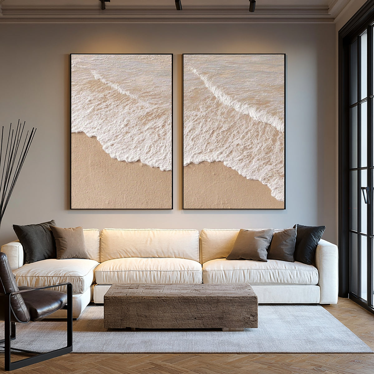 Large Modern Ocean Wave Diptych Wall Art Beige White Textured Oil Painting Coastal Seascape Two Piece Canvas Set Living Room Decor