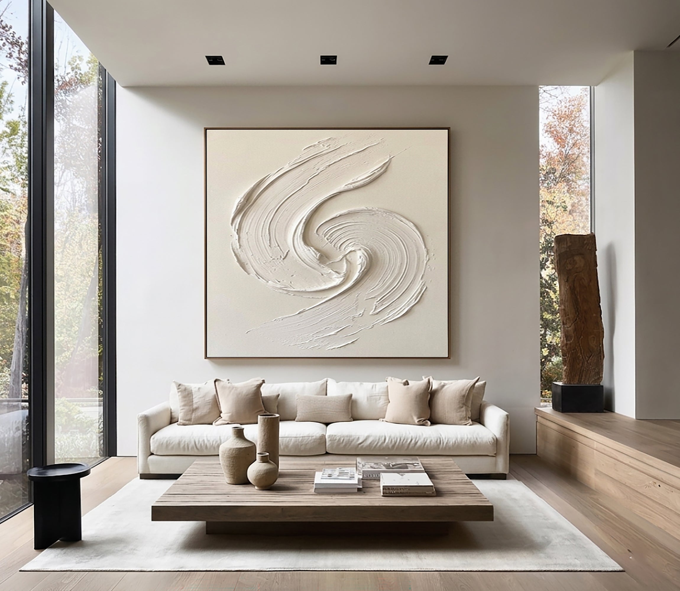 Large White Textured Spiral Wall Art Hand Painted Modern Canvas