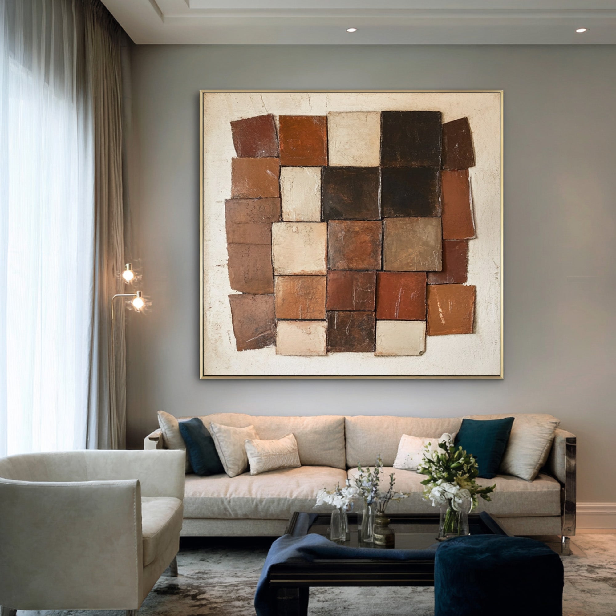 Large Abstract Oil Painting Earth Tone Geometric Art, Textured Modern Wall Art for Living Room | ArtvistaGallery #WAB 007