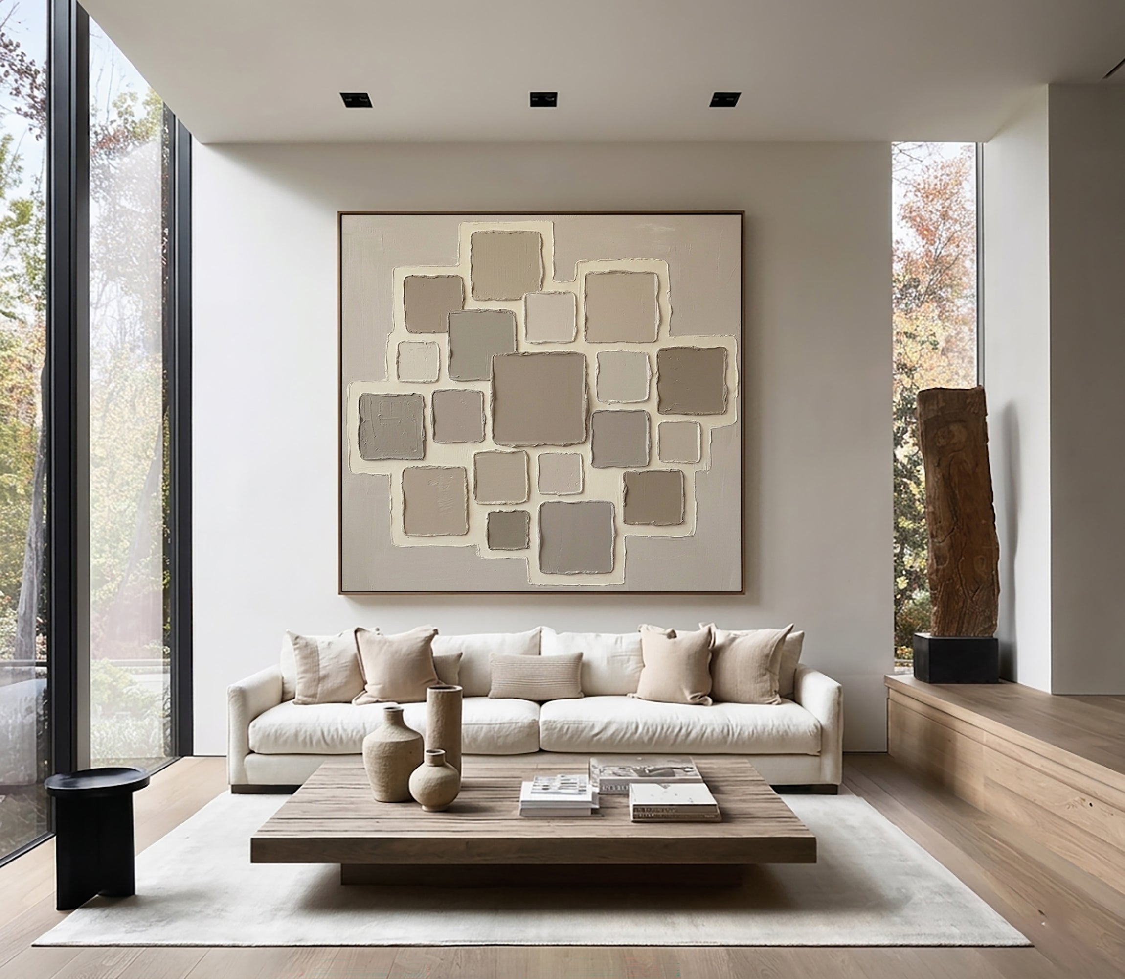 Large Linear Texture Oil Painting – Modern Neutral Abstract Wall Art