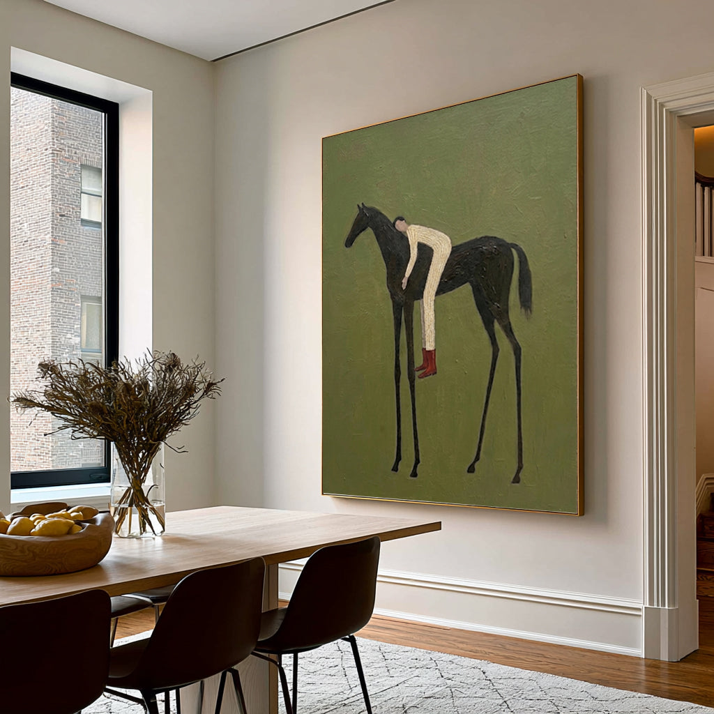 Large Olive Green Equestrian Wall Art Horse Rider Oil Painting Cowboy Cowgirl Inspired Western Americana Artwork Modern Home Decor