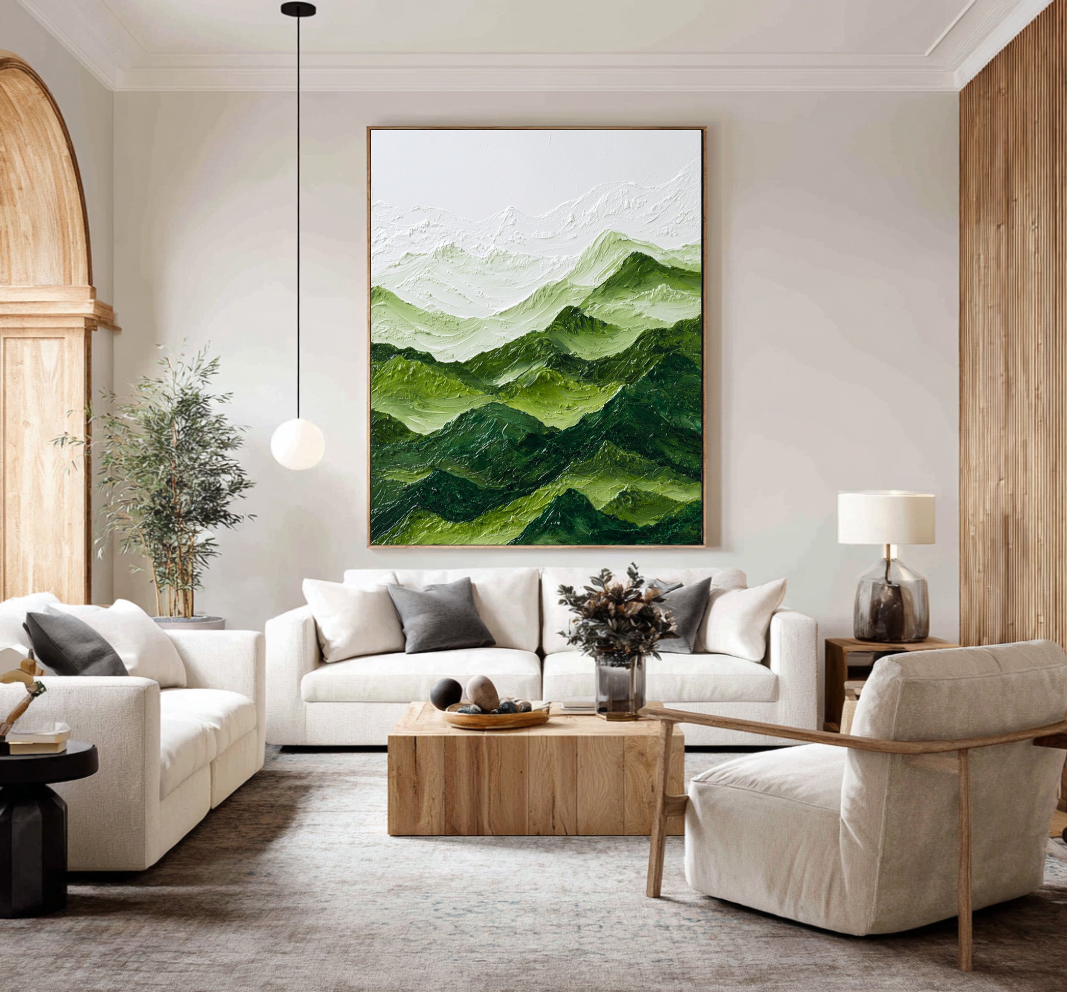 Large Abstract Oil Painting Green Mountain Landscape, Textured Modern Wall Art for Living Room | ArtvistaGallery #WAB 005