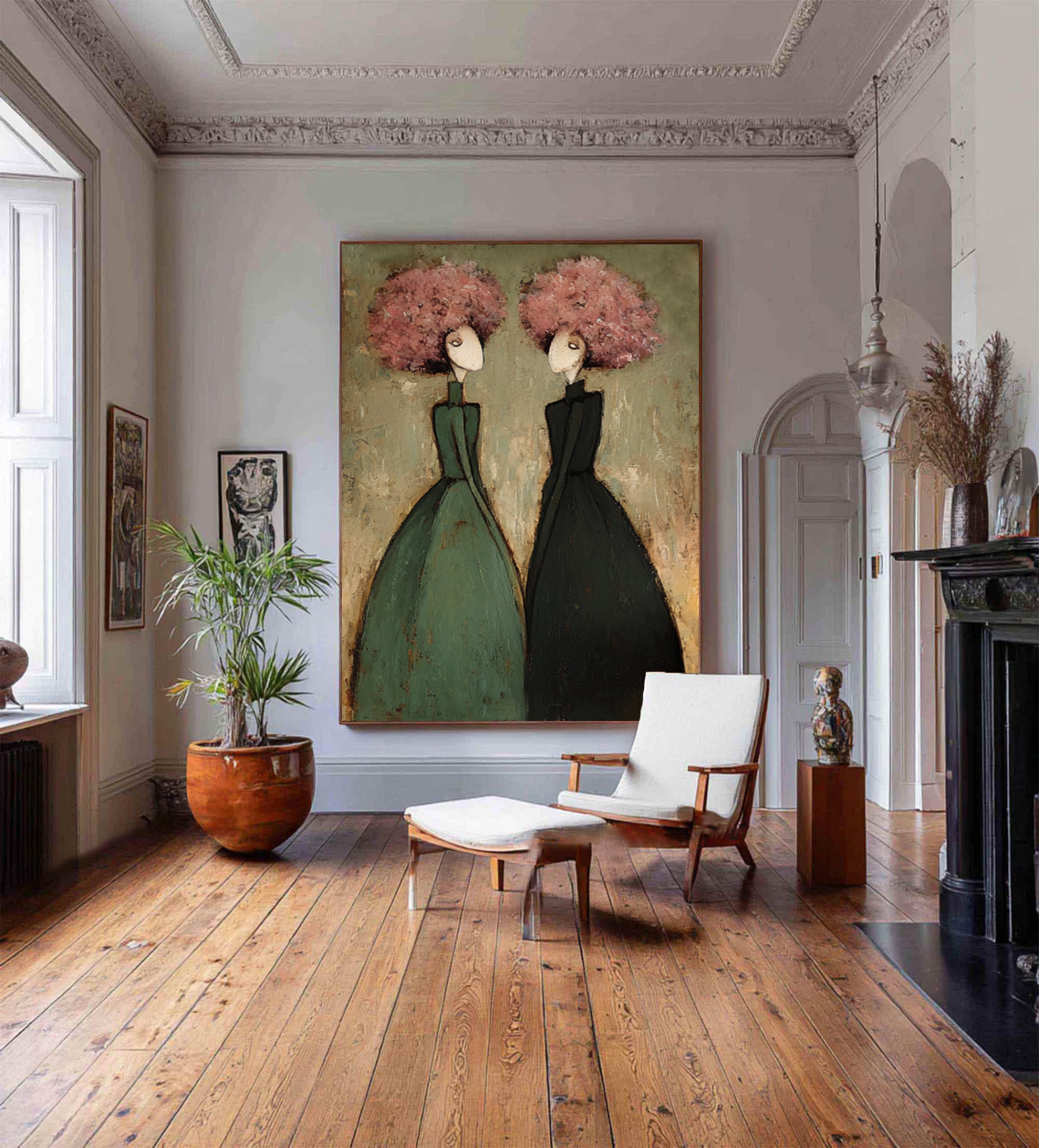 Large Contemporary Portrait Oil Painting – Modern Green and Pink Canvas Wall Art #WAB 035