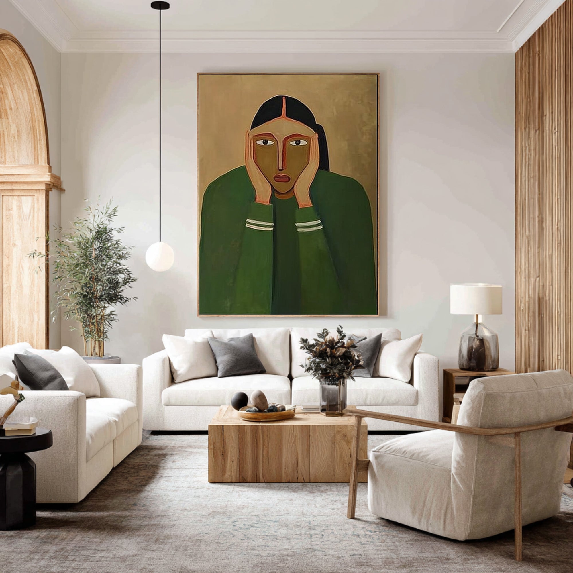 Large Abstract Portrait Oil Painting Green Tones, Emotional Modern Wall Art for Living Room #WAB-030