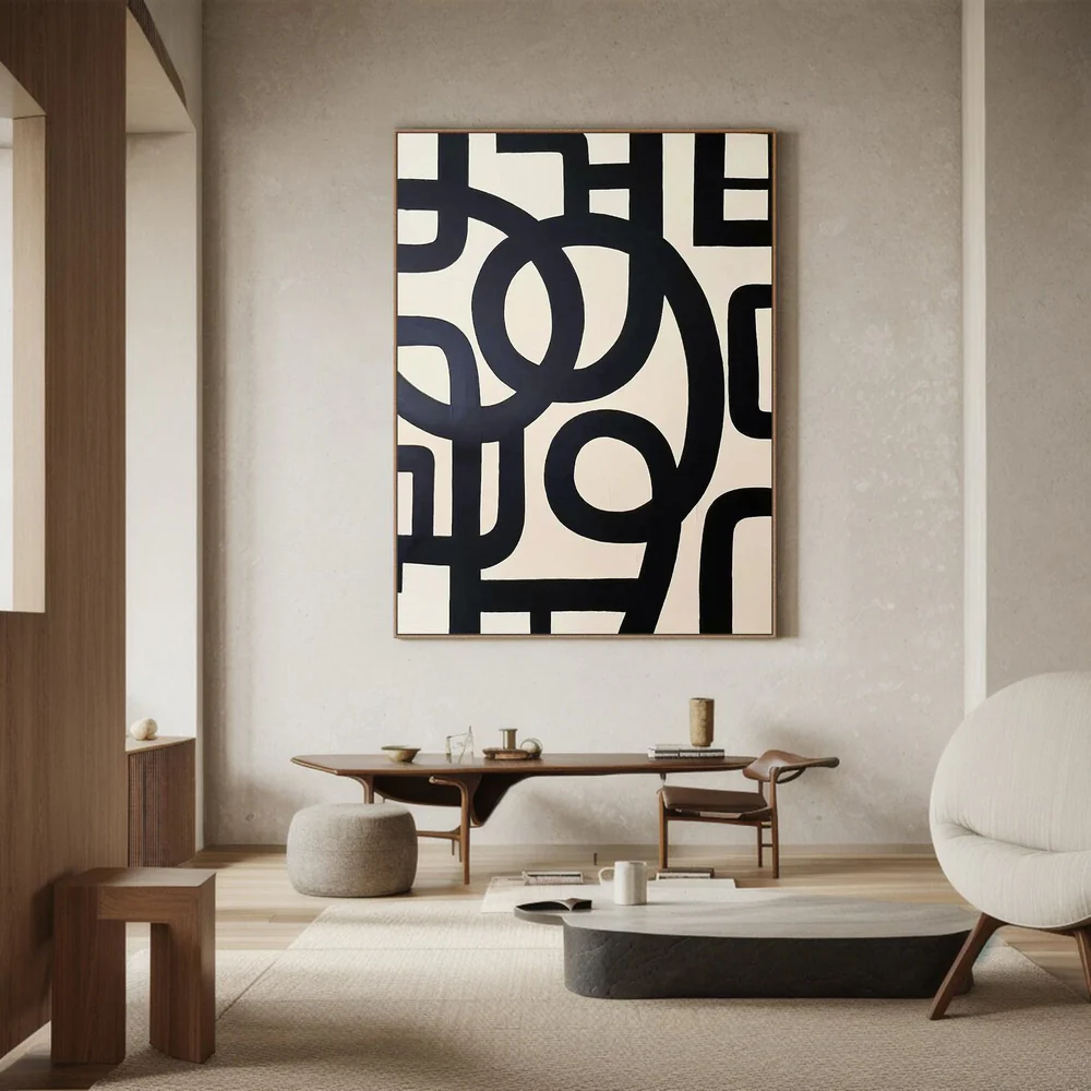 Large Abstract Oil Painting Black and White, Modern Geometric Wall Art for Living Room | ArtvistaGallery #WAB-031