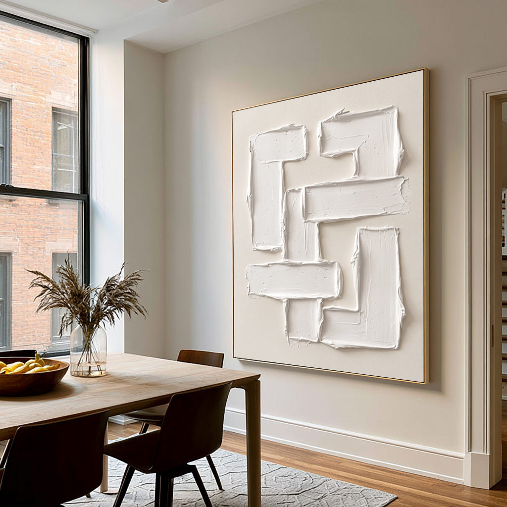 Large Modern Geometric Impasto Relief Wall Art Ivory Cream Abstract Oil Painting Thick Textured Rectangles Sculptural Minimalist Contemporary Living Room Decor