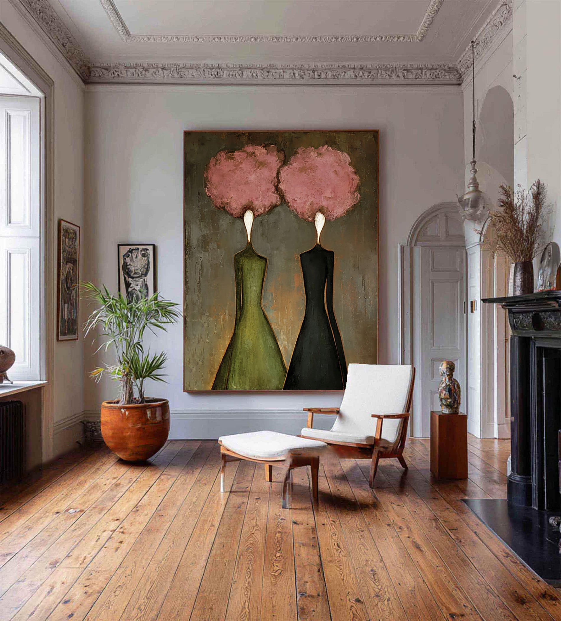 Large Abstract Pink Portrait Oil Painting – Statement Figurative Wall Art Decor #WAB 036