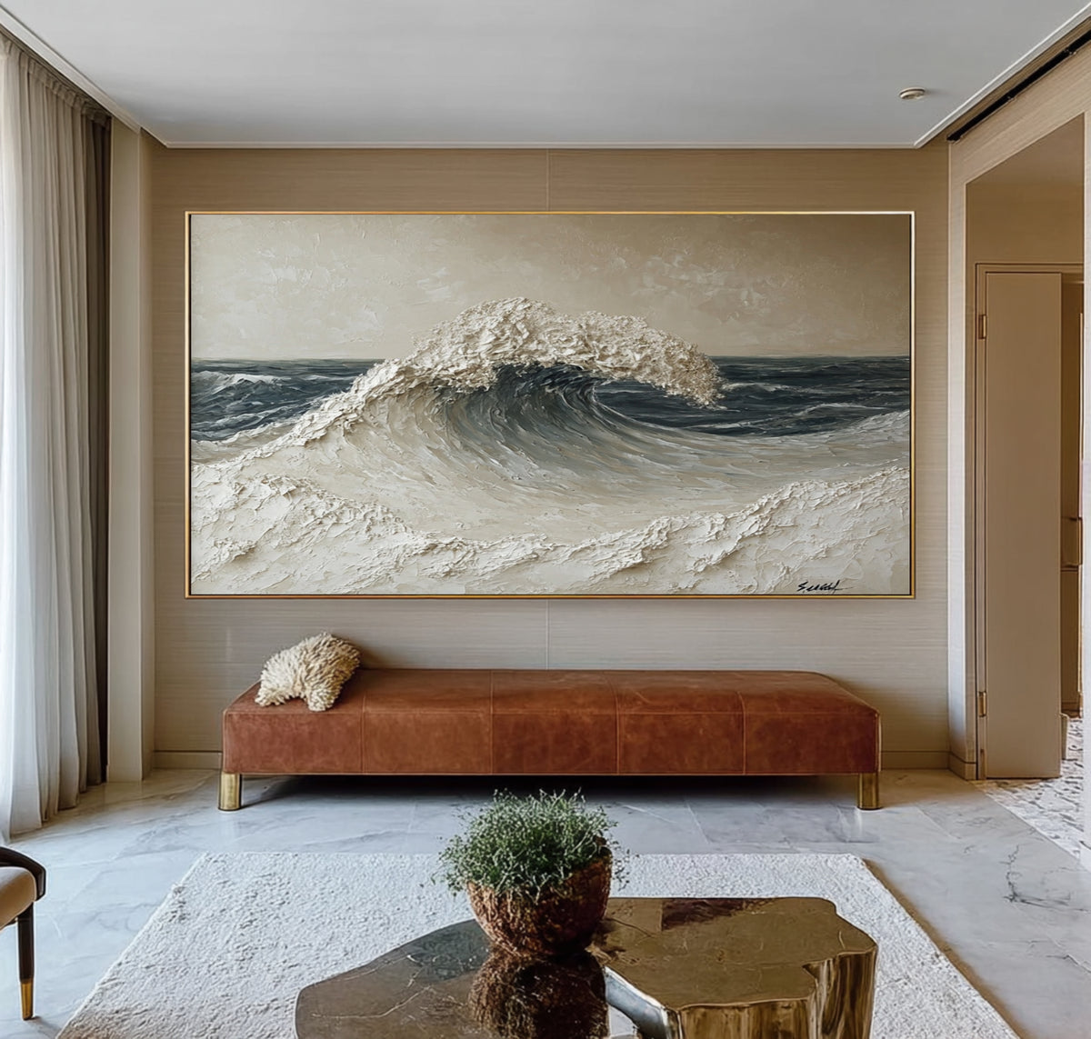 Large Powerful Ocean Wave Wall Art Textured Seascape Oil Painting Dramatic Coastal Artwork Modern Interior Decor