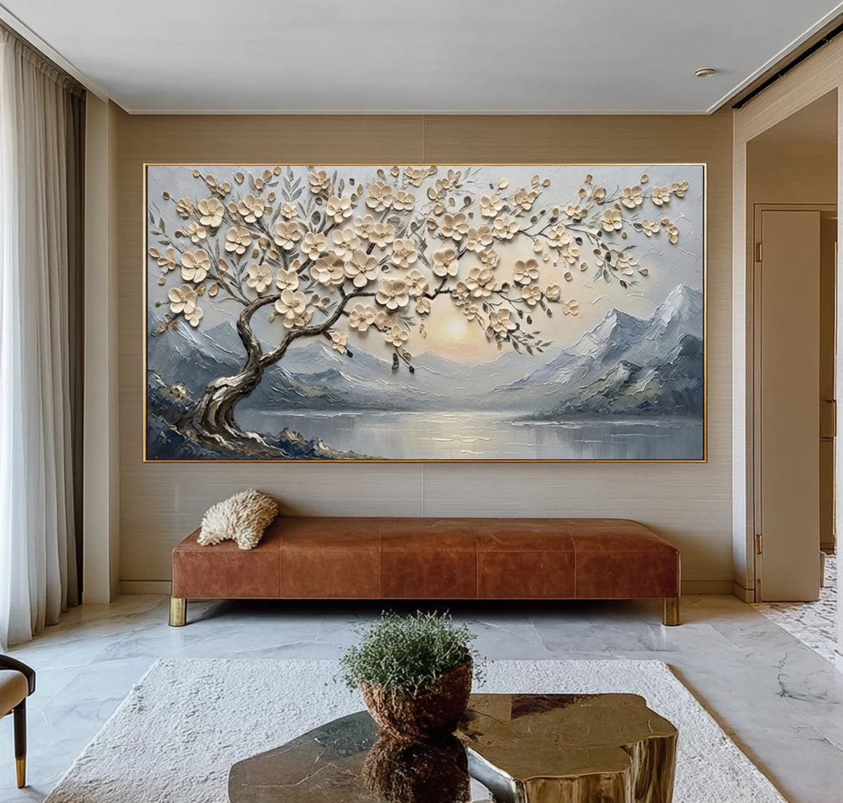 Large Textured Blossom Tree Painting Mountain Lake Floral Wall Art