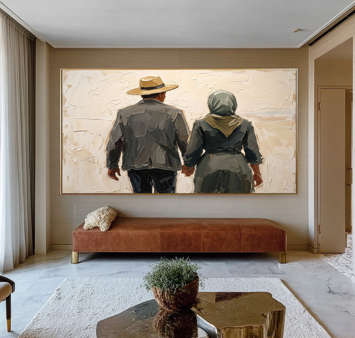 Large Textured Couple Painting Romantic Western Landscape Wall Art