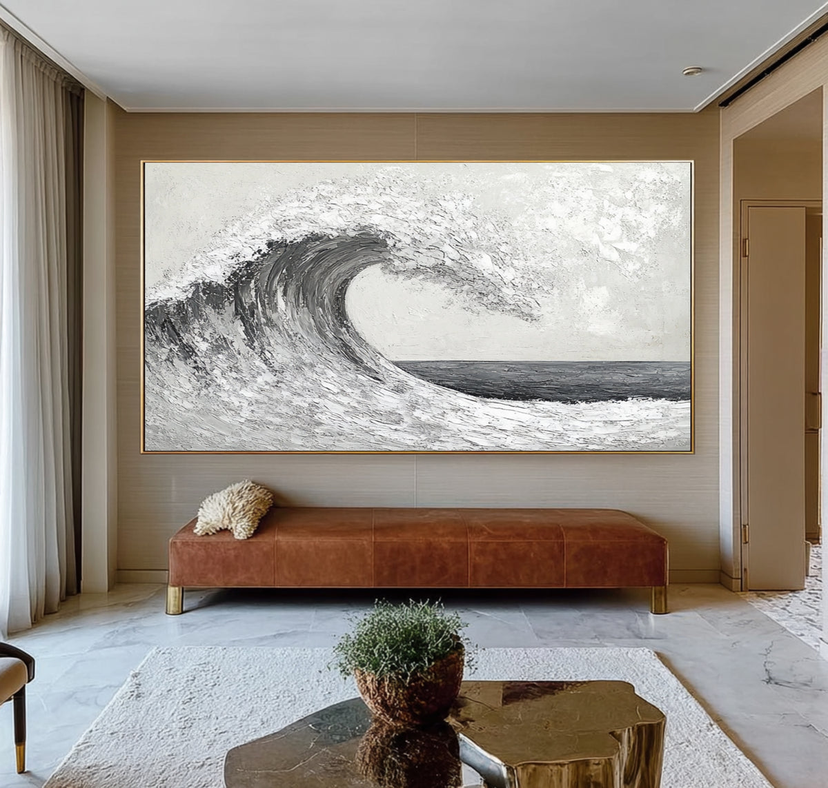 Textured Abstract Wave Monochrome Ocean Artwork Handmade Seascape Black White Gray Coastal Wall Art