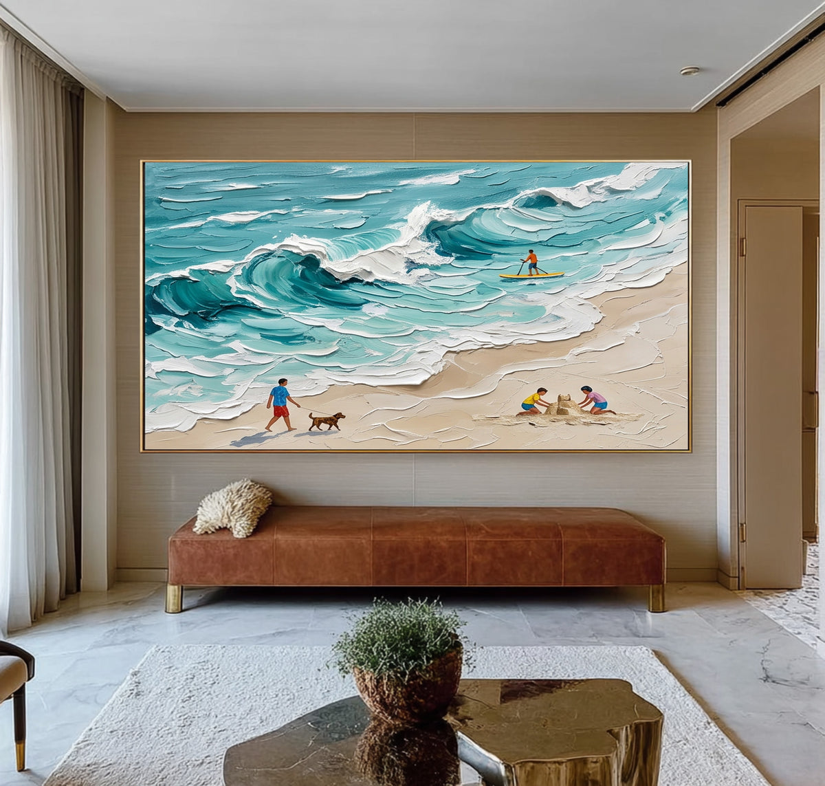 Large Textured Oil Painting Turquoise Ocean Waves Beach Family Coastal Wall Art